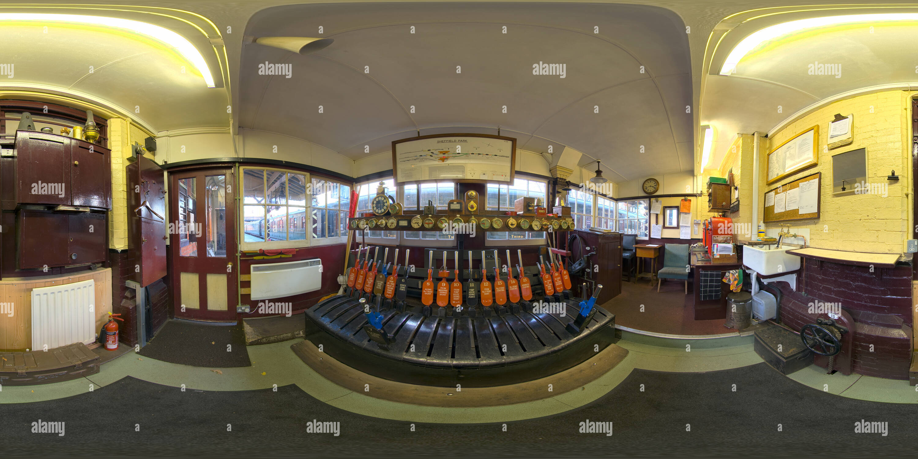 360 Grad Panorama Ansicht von Stellwerk an der Sheffield Park Station