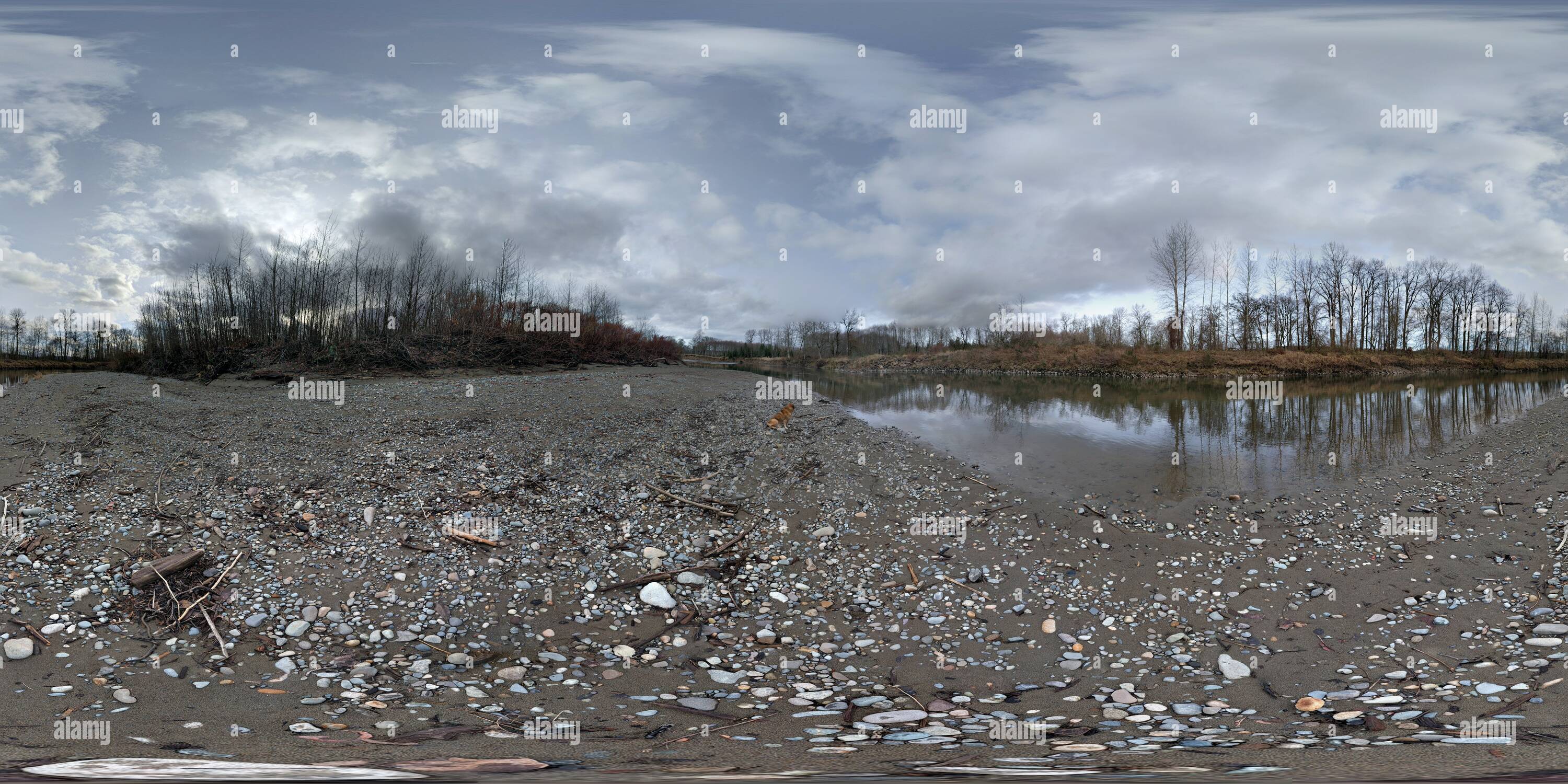 360 Grad Panorama Ansicht von Snoqualmie Fluss Sand Bar, Chinook Bend Naherholungsgebiet, in der Nähe von - Carnation, Washington