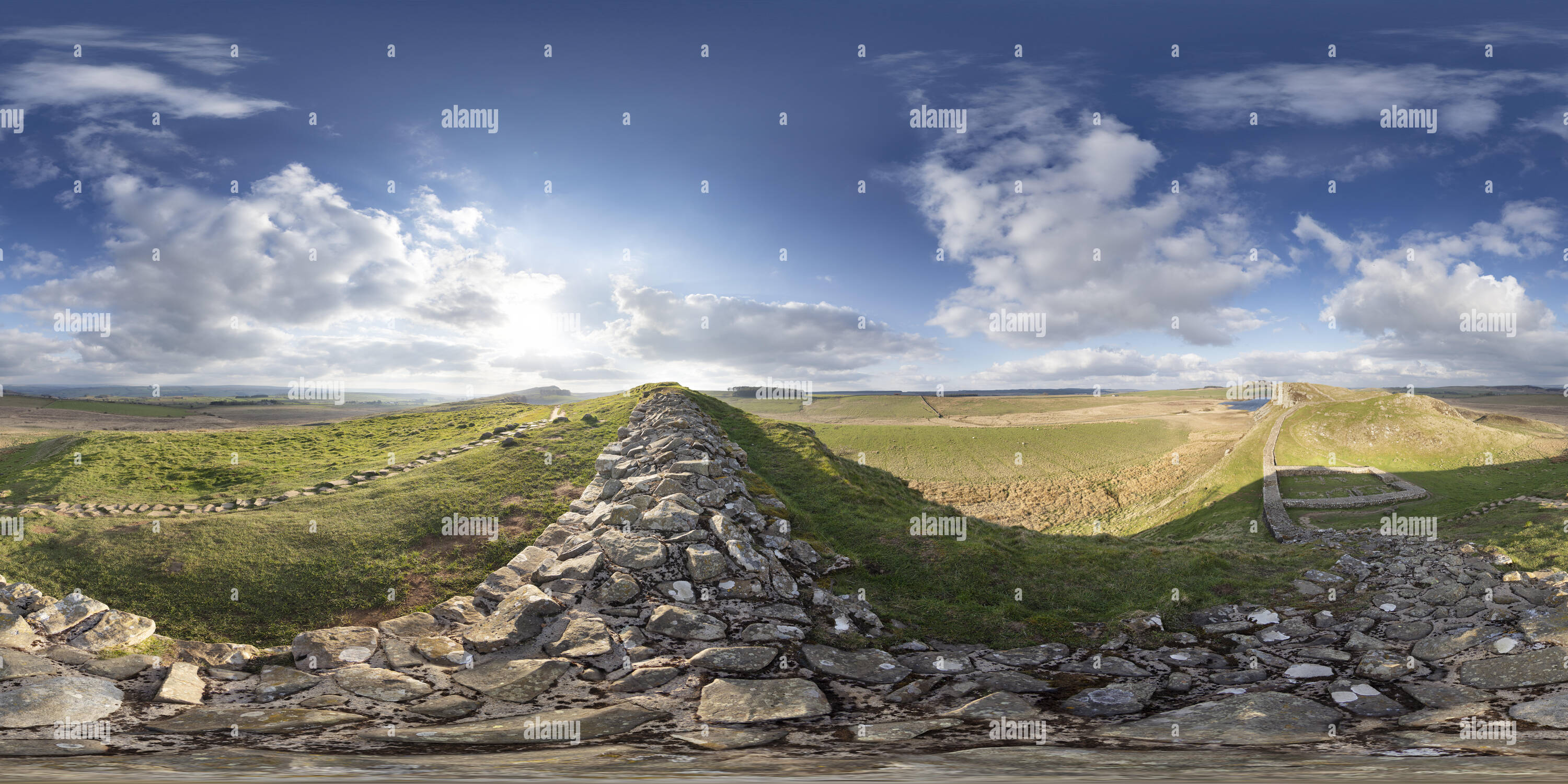 360 Grad Panorama Ansicht von Harian Milecastle 39 auf der Wand, Northumberland National Park, Großbritannien