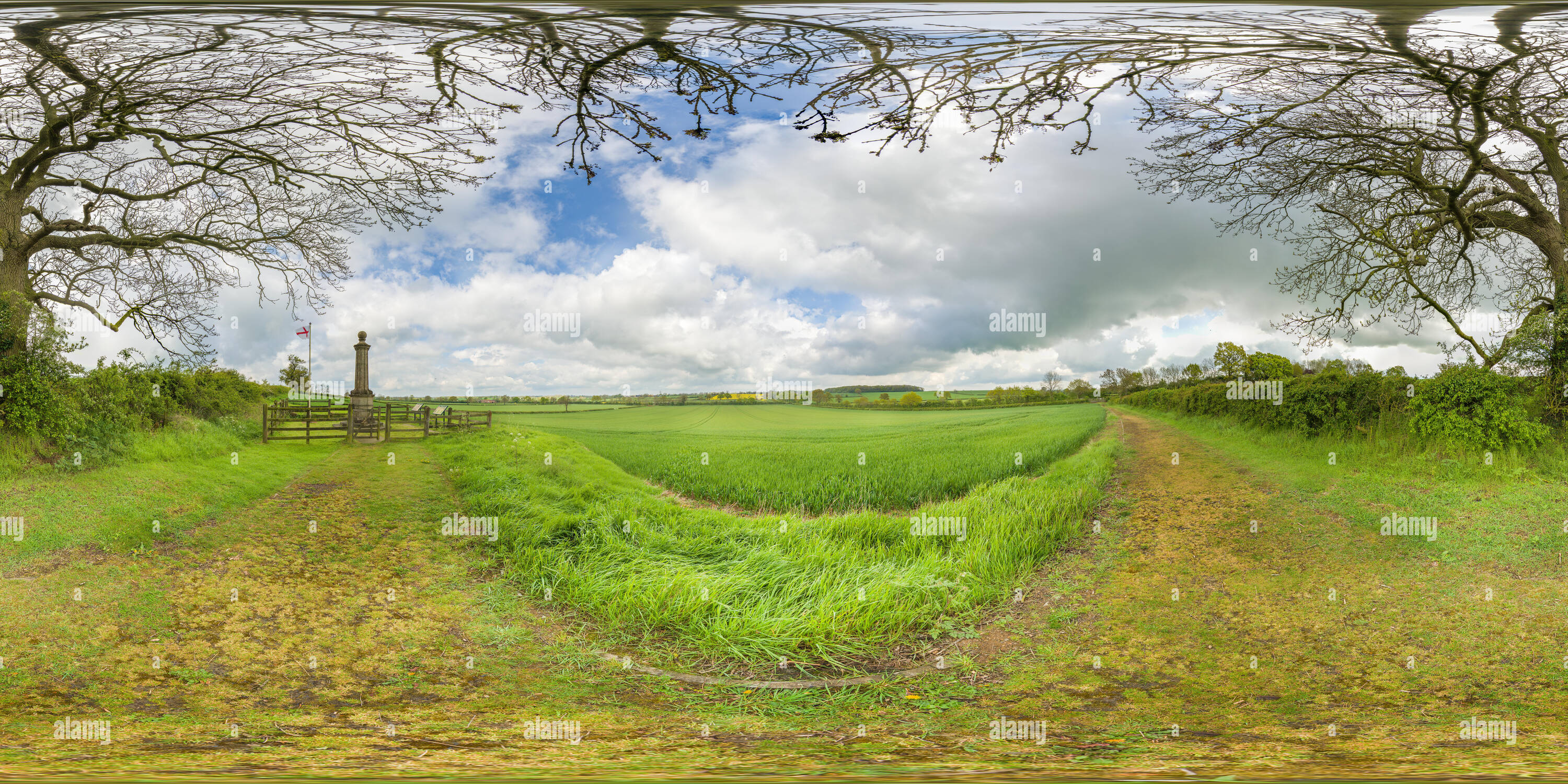 360 Grad Panorama Ansicht von Felder, in denen die Armee des Parlaments geführt von Fairfax die royalistische Armee von Charles I unter der Leitung von Rupert in der Schlacht von Naseby, England besiegt, in 1645.