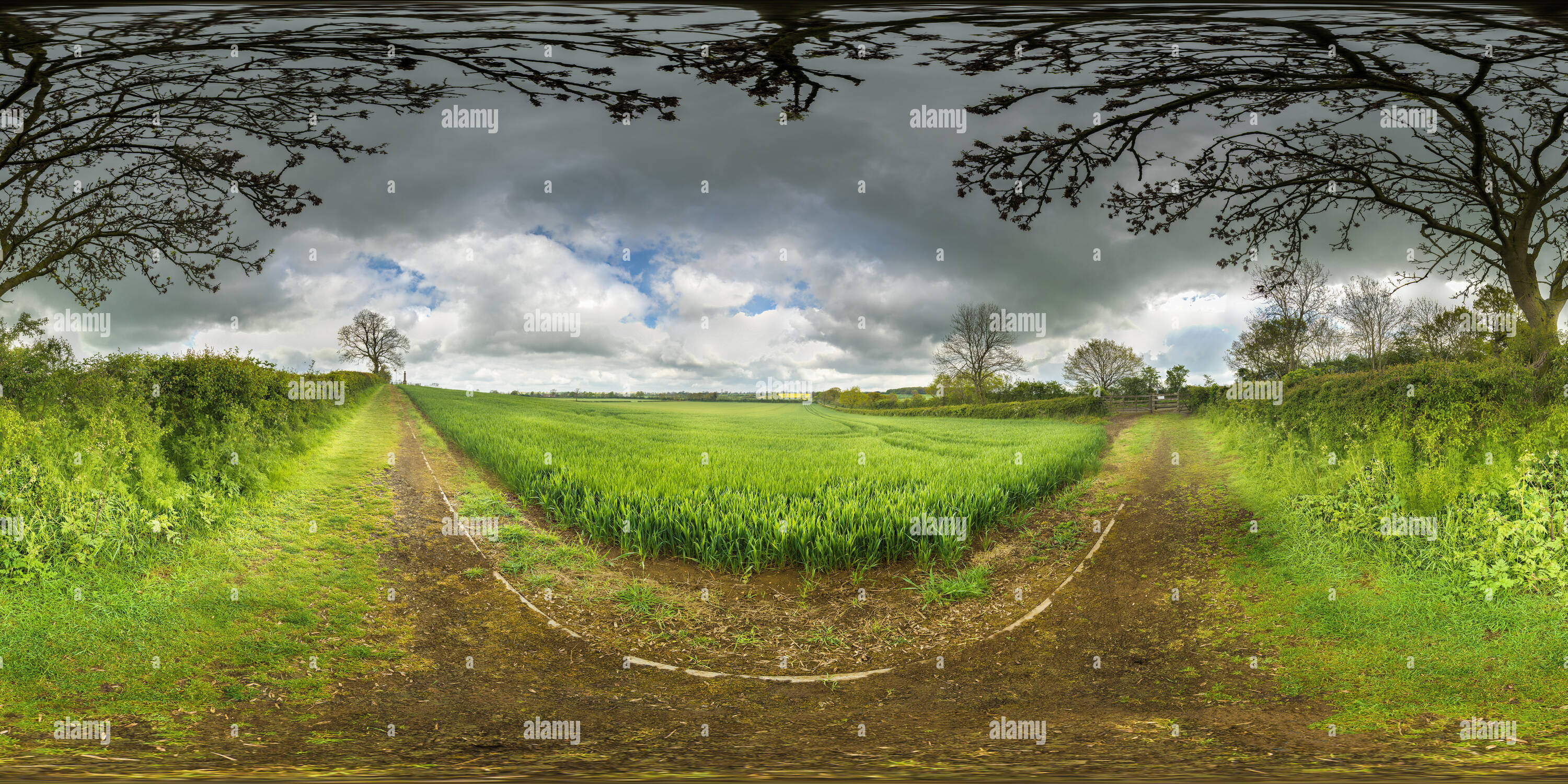 360 Grad Panorama Ansicht von Felder, in denen die Armee des Parlaments geführt von Fairfax die royalistische Armee von Charles I unter der Leitung von Rupert in der Schlacht von Naseby, England besiegt, in 1645.