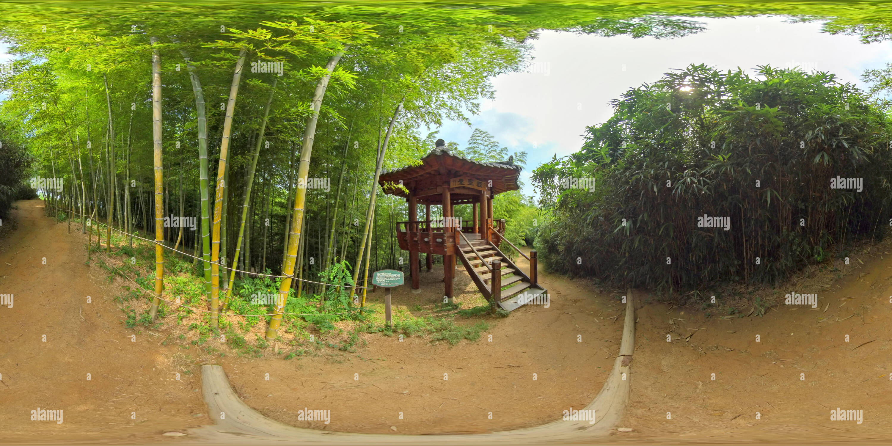 360 Grad Panorama Ansicht von Damyang, Südkorea - 24 Juli 2019 Juknokwon. 360 Grad Panorama von sphärischen Bambuswald.