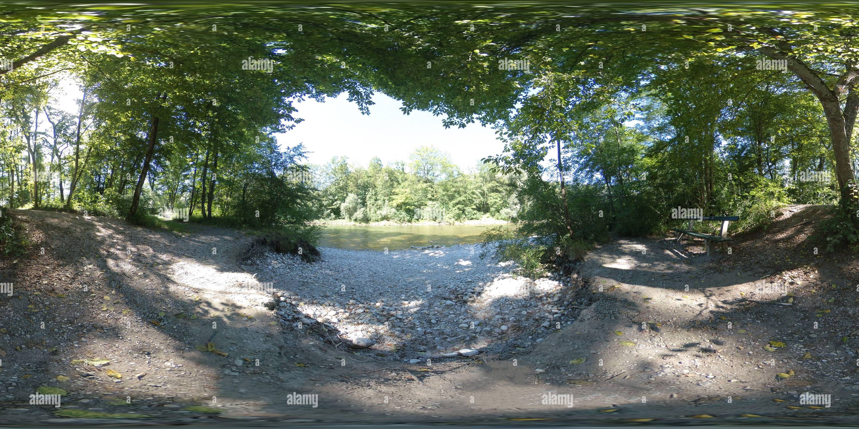 Vista panorámica en 360 grados de fotosfera en un pequeño bosque cerca de un río