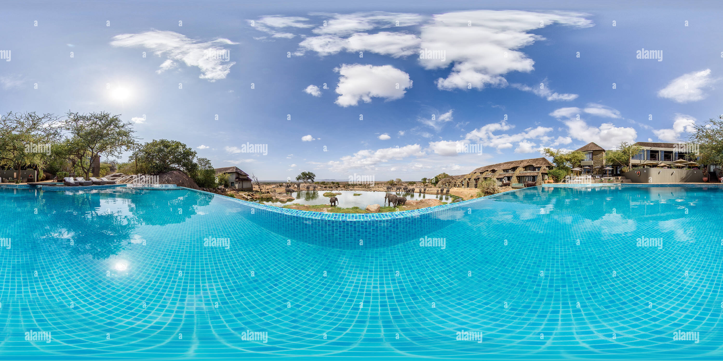 Vista panorámica en 360 grados de Orificio de agua al Four Seasons Safari Lodge, el Serengueti