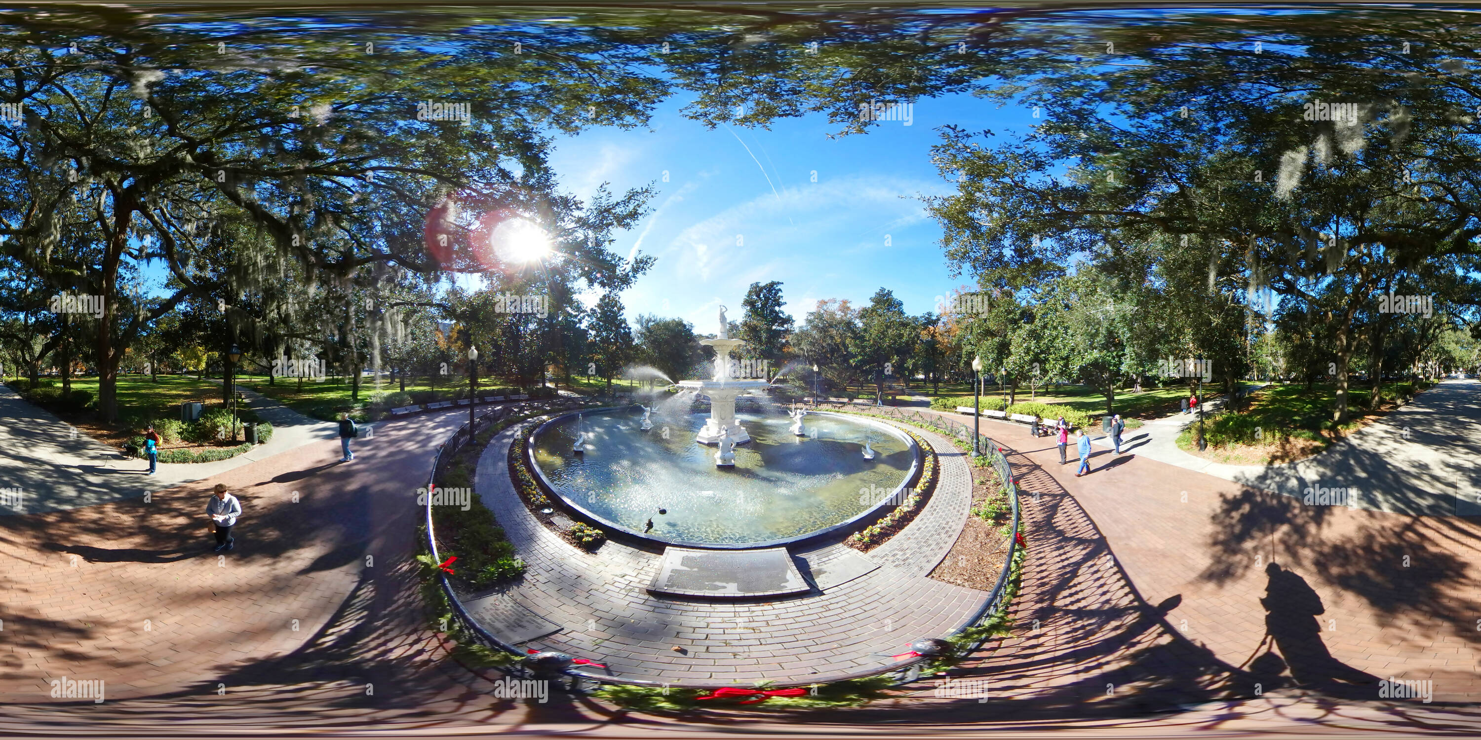 Vista panorámica en 360 grados de Forsyth Park Fountain, Savannah, Georgia