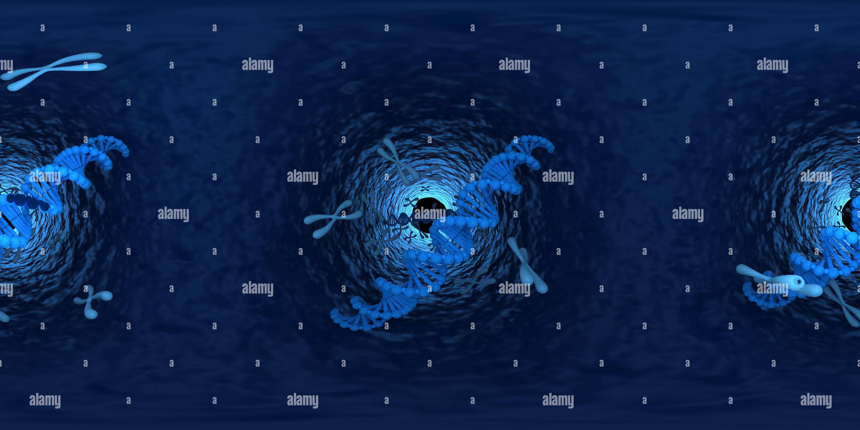 Vue panoramique à 360° de Illustration tridimensionnelle de la structure de l'acide désoxyribonucléique de l'ADN. Image VR 360 équirectangulaire. L'arrière-plan médical panoramique.