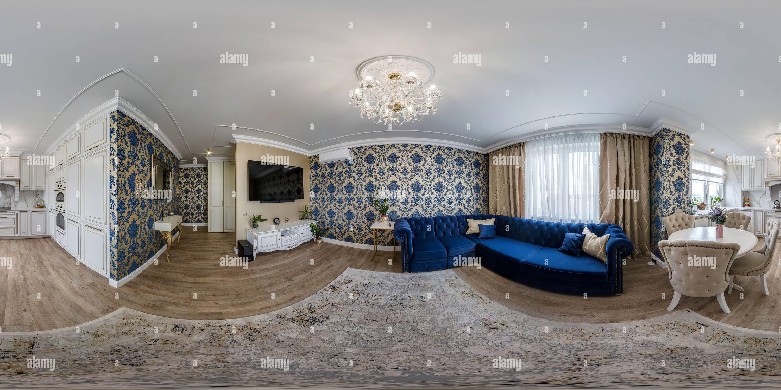 Vue panoramique à 360° de Vue panoramique sphérique sans couture hdri à 360 degrés à l'intérieur de la chambre d'hôtes dans l'appartement avec cuisine, canapé et tv en projection équirectangulaire, VR c