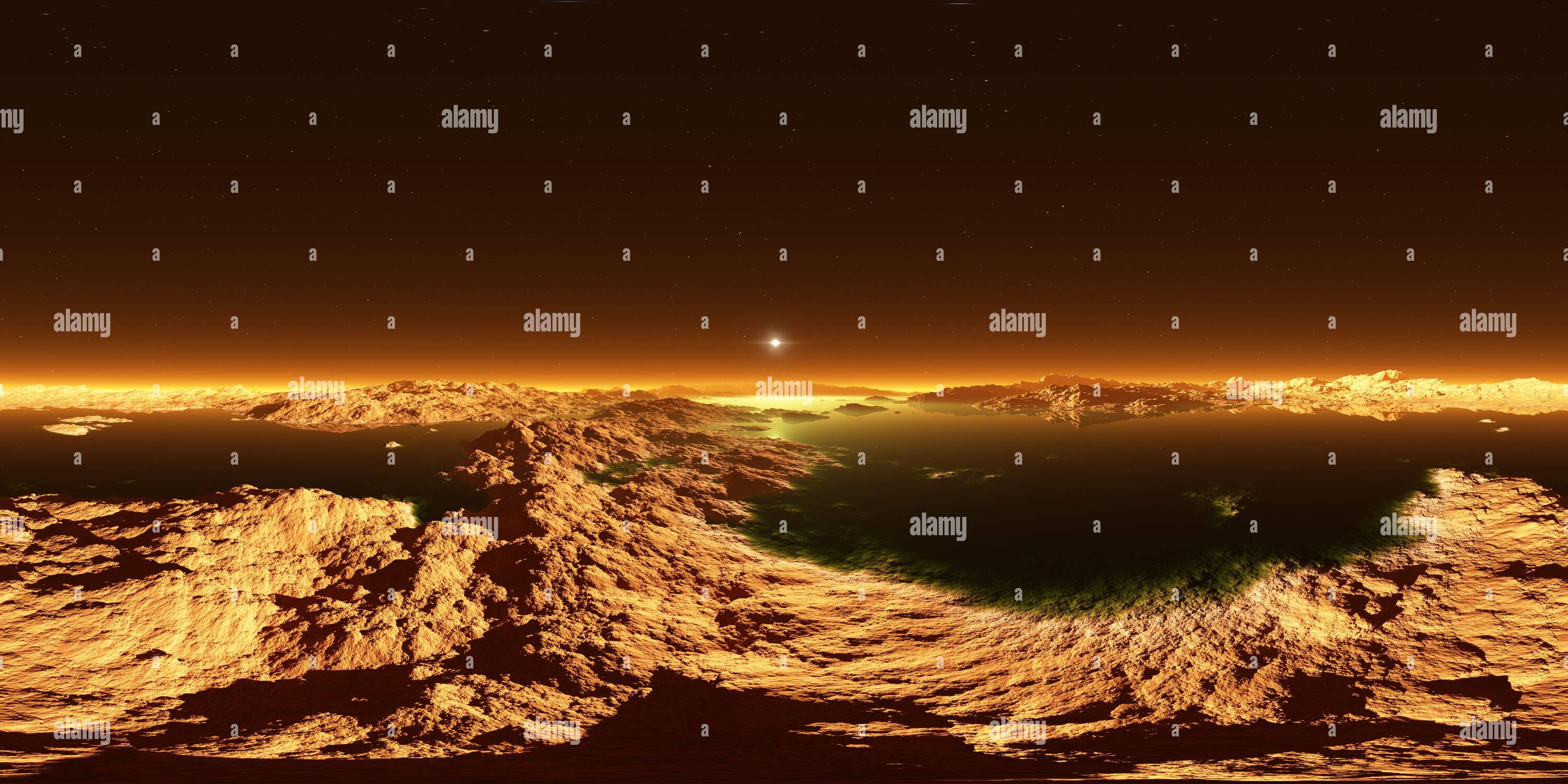 Vue panoramique à 360° de Titan, la plus grande lune de Saturne avec atmosphère. Panorama, environnement 360 carte HDRI. Projection équirectangulaire, panorama sphérique. Paysage de surface o