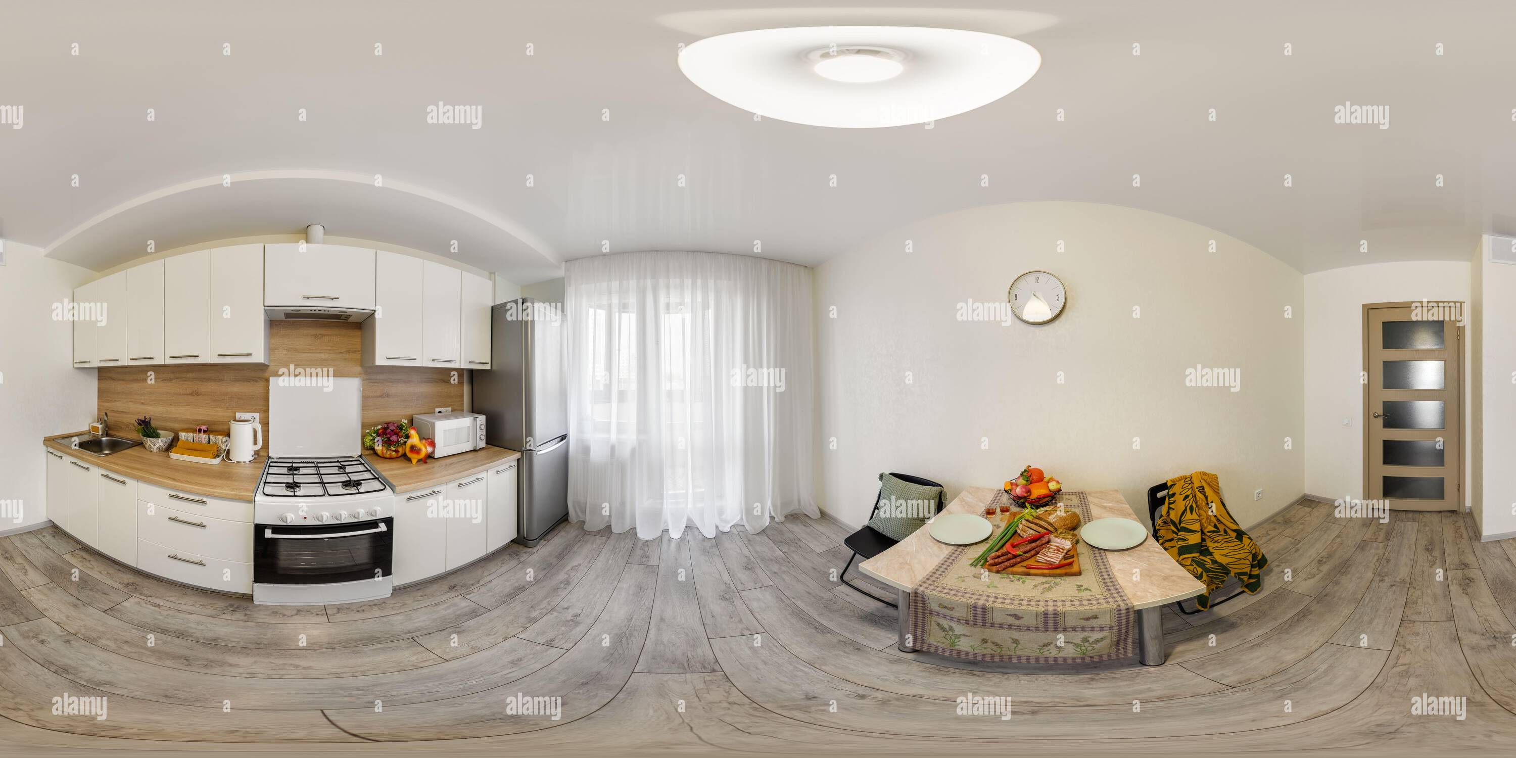 Vue panoramique à 360° de Vue panoramique du hdri 360 sphérique sans couture à l'intérieur de la cuisine blanche dans les appartements modernes en projection équirectangulaire, contenu VR