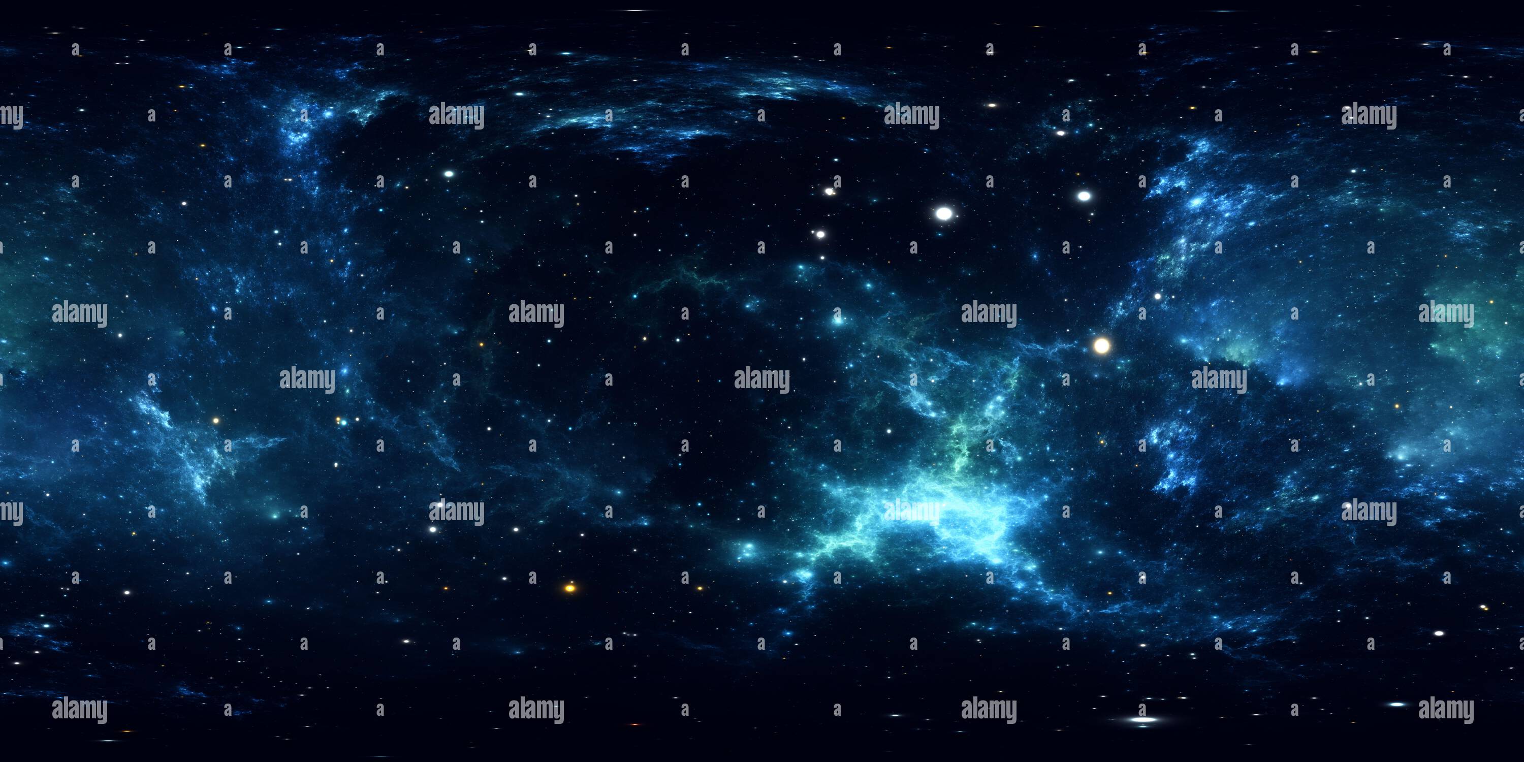 Vue panoramique à 360° de panorama de la nébuleuse spatiale à 360 degrés, projection équirectangulaire, carte de l'environnement. Panorama sphérique HDRI. Arrière-plan spatial avec nébuleuse et étoiles. 3d ill