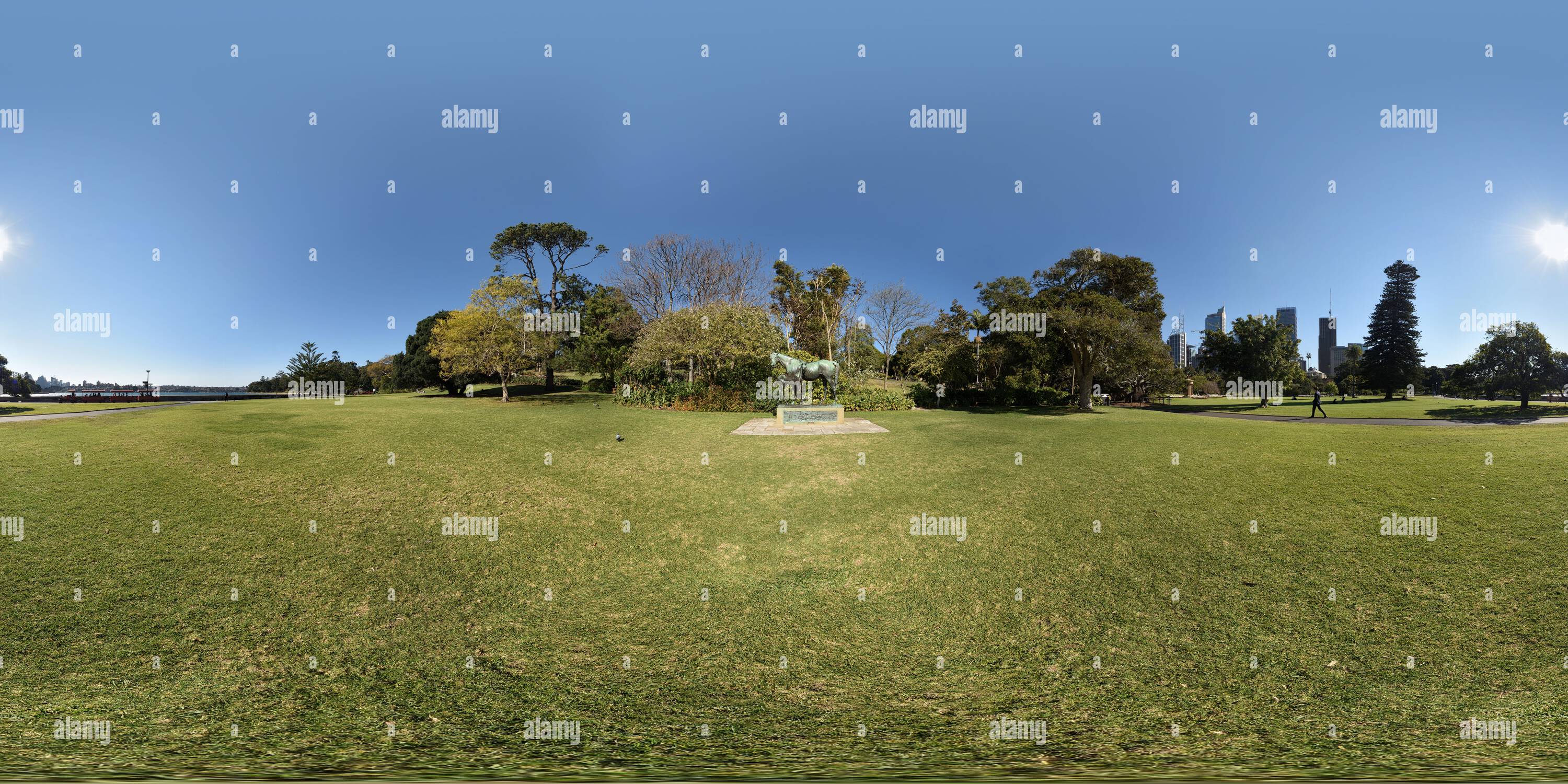 Vue panoramique à 360° de La Reyna, une sculpture de jument et de poulain à Farm Cove, jardins botaniques royaux de Sydney, panorama à 360° des gratte-ciel et des jardins de Sydney, Nouvelle-Galles du Sud