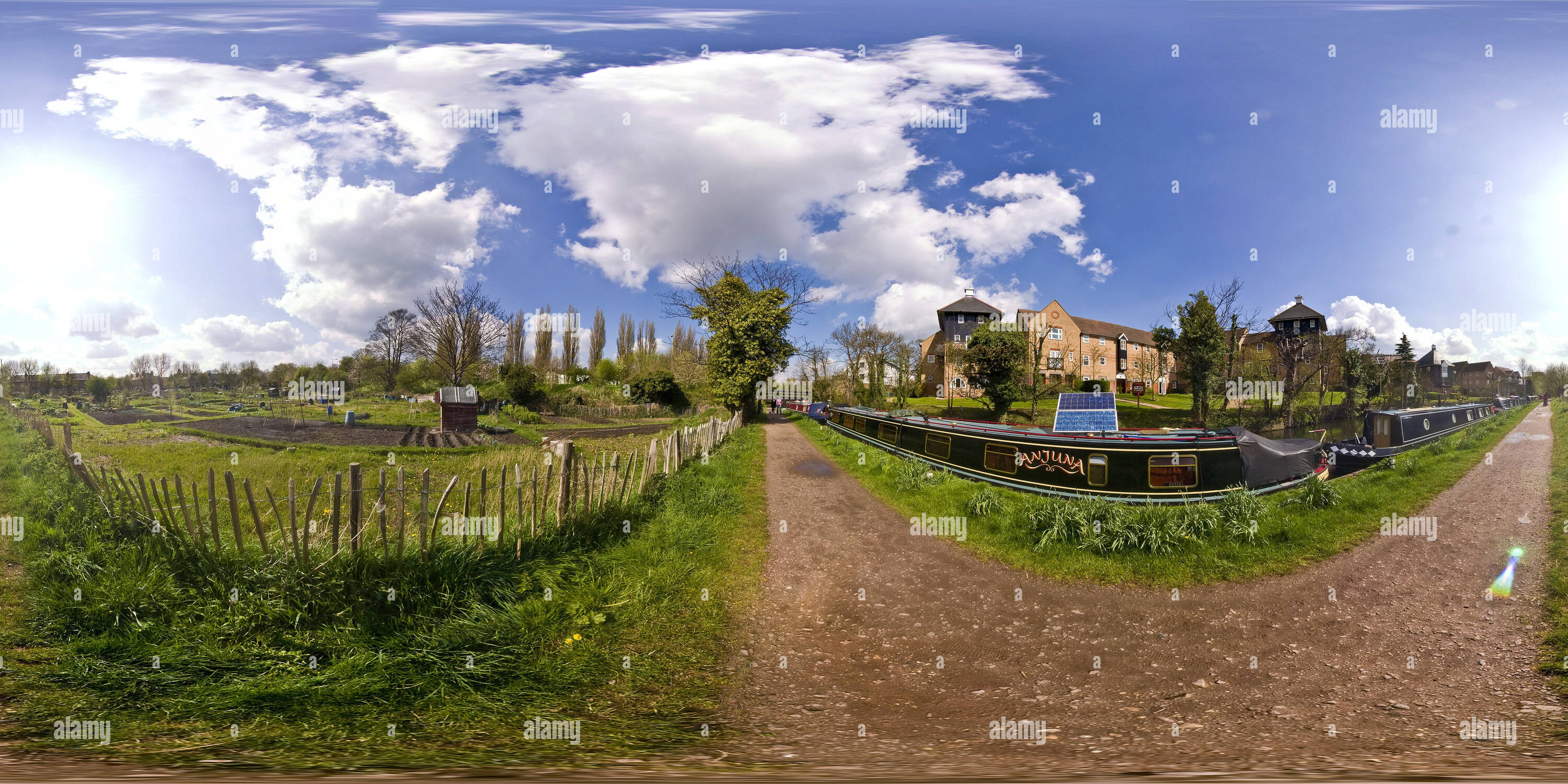 Vue panoramique à 360° de Bateau "étroit" d'Anjuna sur la rivière Lee, Angleterre