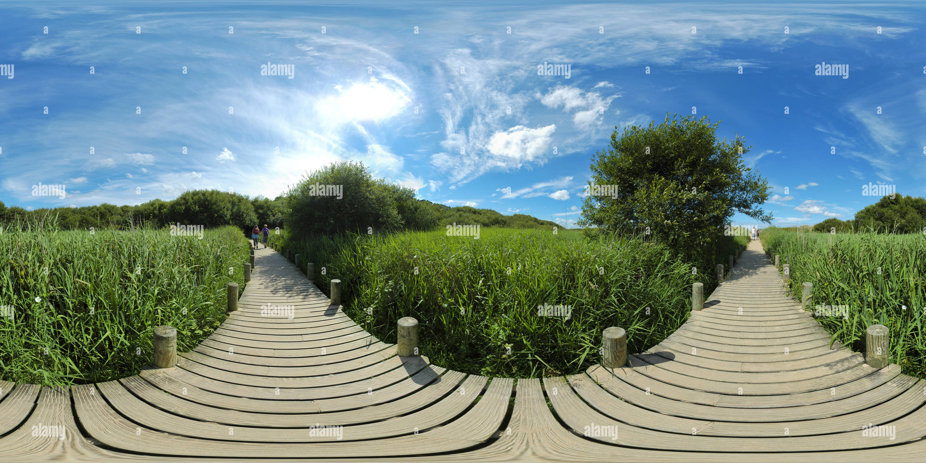 Vue panoramique à 360° de La passerelle en bois en bas de la plage de Colleville-sur-Mer - France