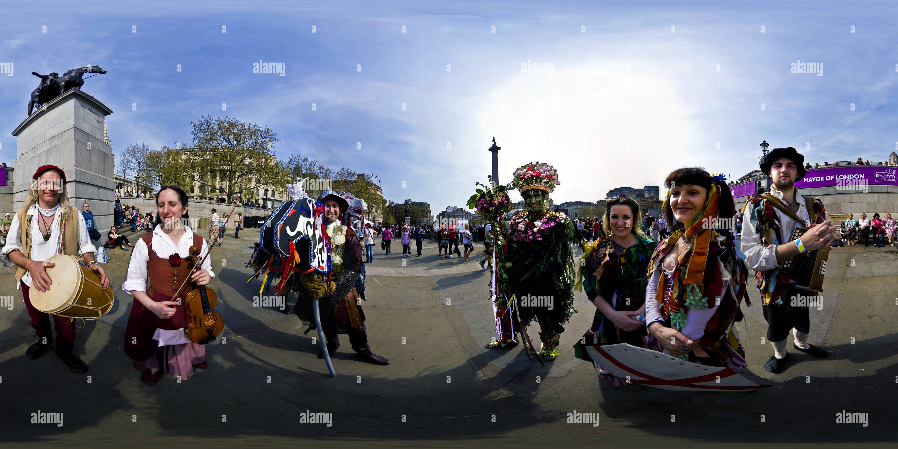 Vue panoramique à 360° de Trafalgar Square Musiciens