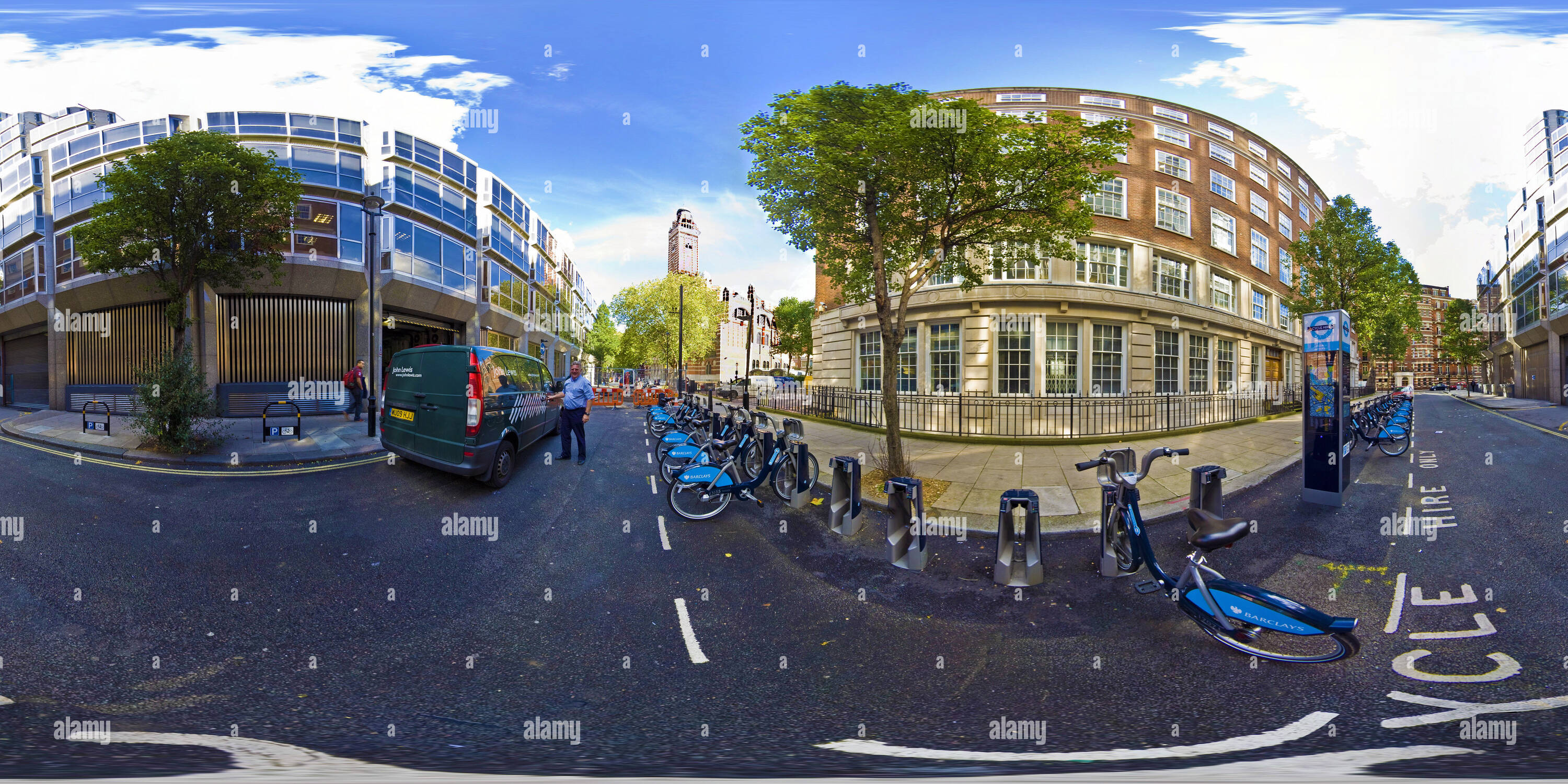 Vue panoramique à 360° de La Cathédrale de Westminster et Boris Bikes