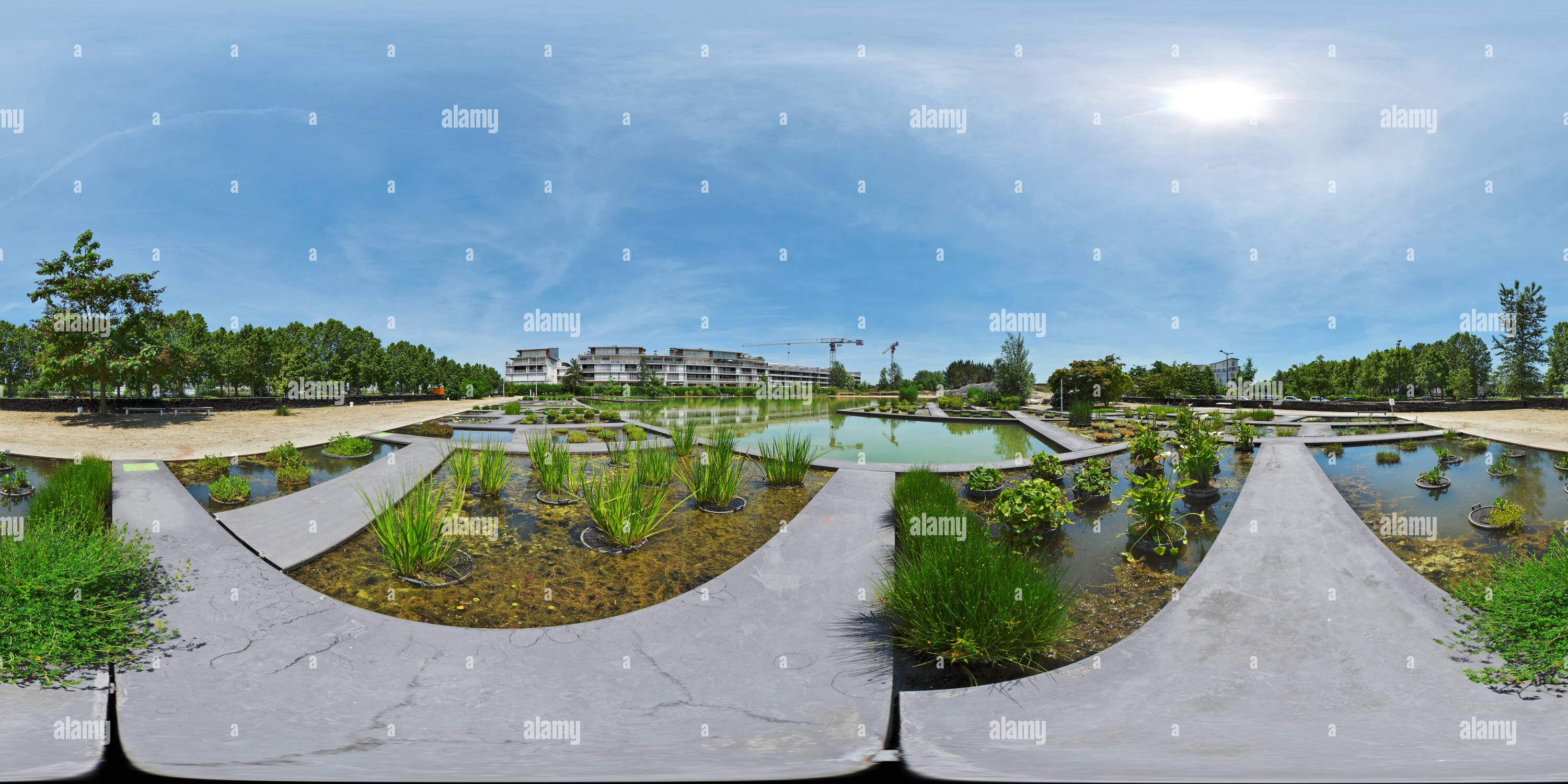 Vue panoramique à 360° de Parcelles aquatique du jardin botanique de Bordeaux - France