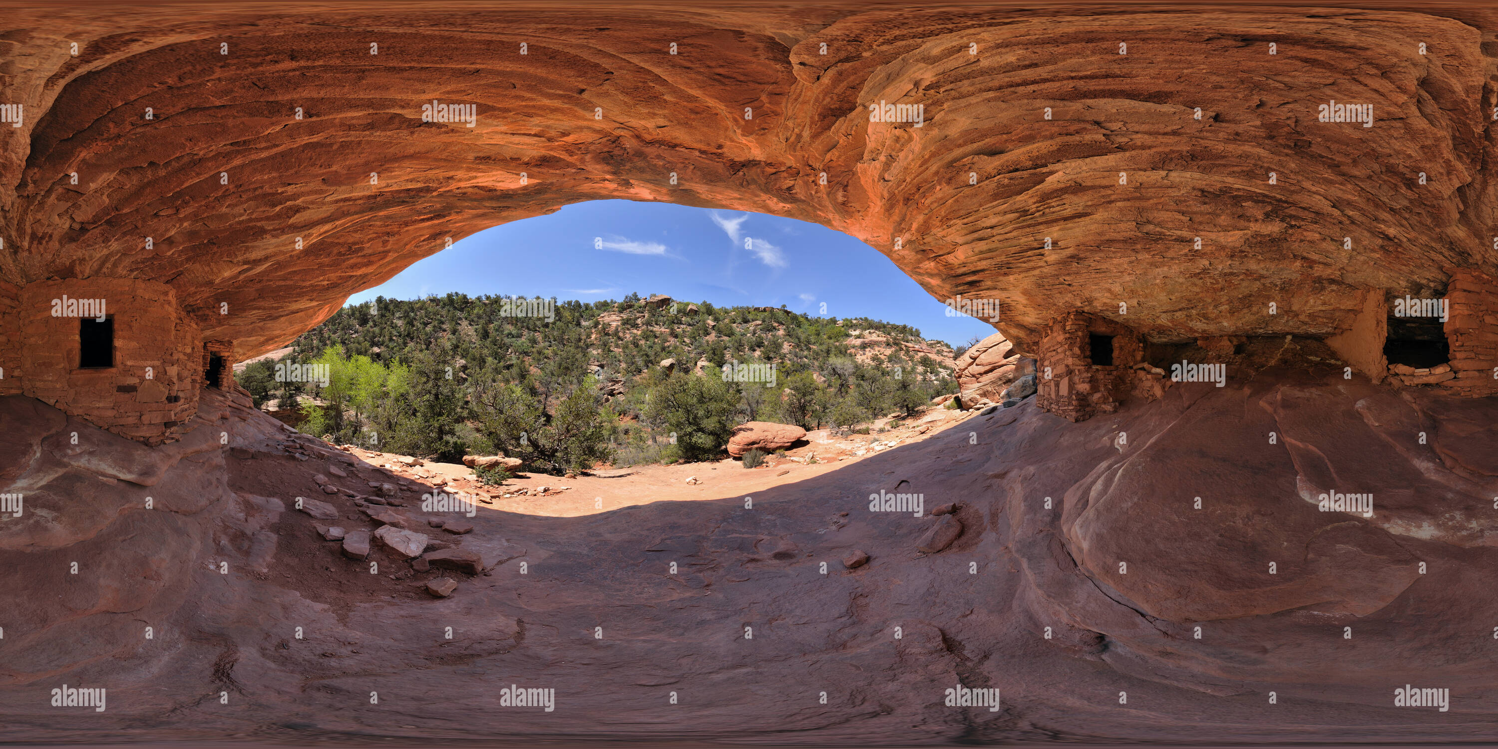 Vue panoramique à 360° de Feu à la maison de la ruine, Mule canyon, Utah, 6115c