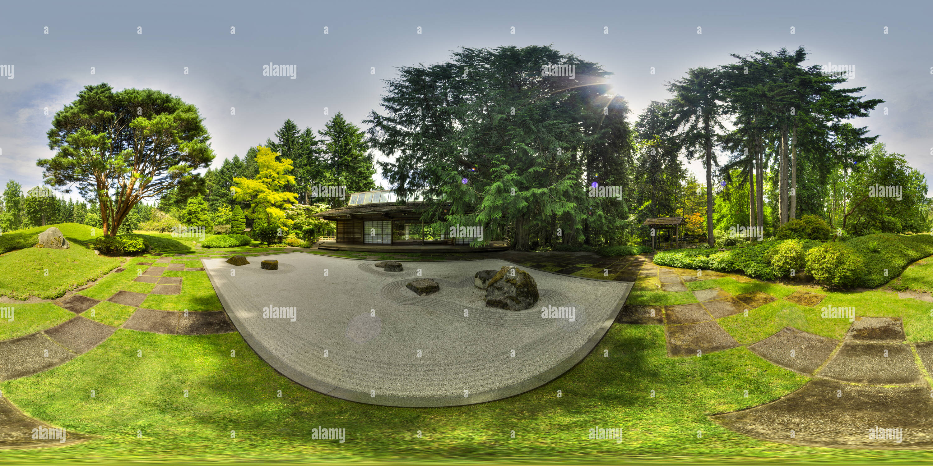 Vue panoramique à 360° de Bloedel Reserve, Japonais 'sèche' Jardin, Bainbridge Island, WA