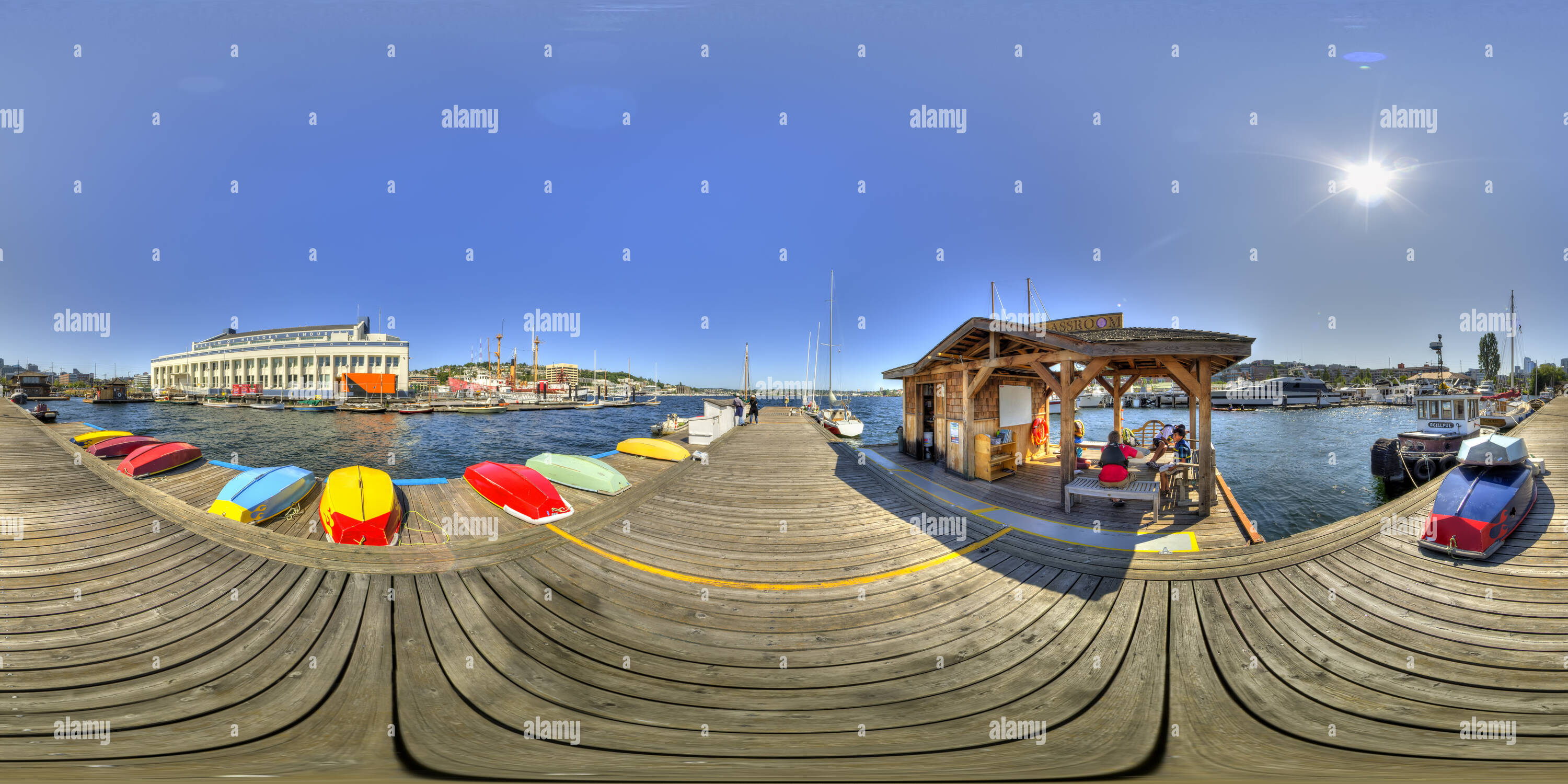 Vue panoramique à 360° de Centre pour les bateaux en bois, de classe à quai, Seattle, WA