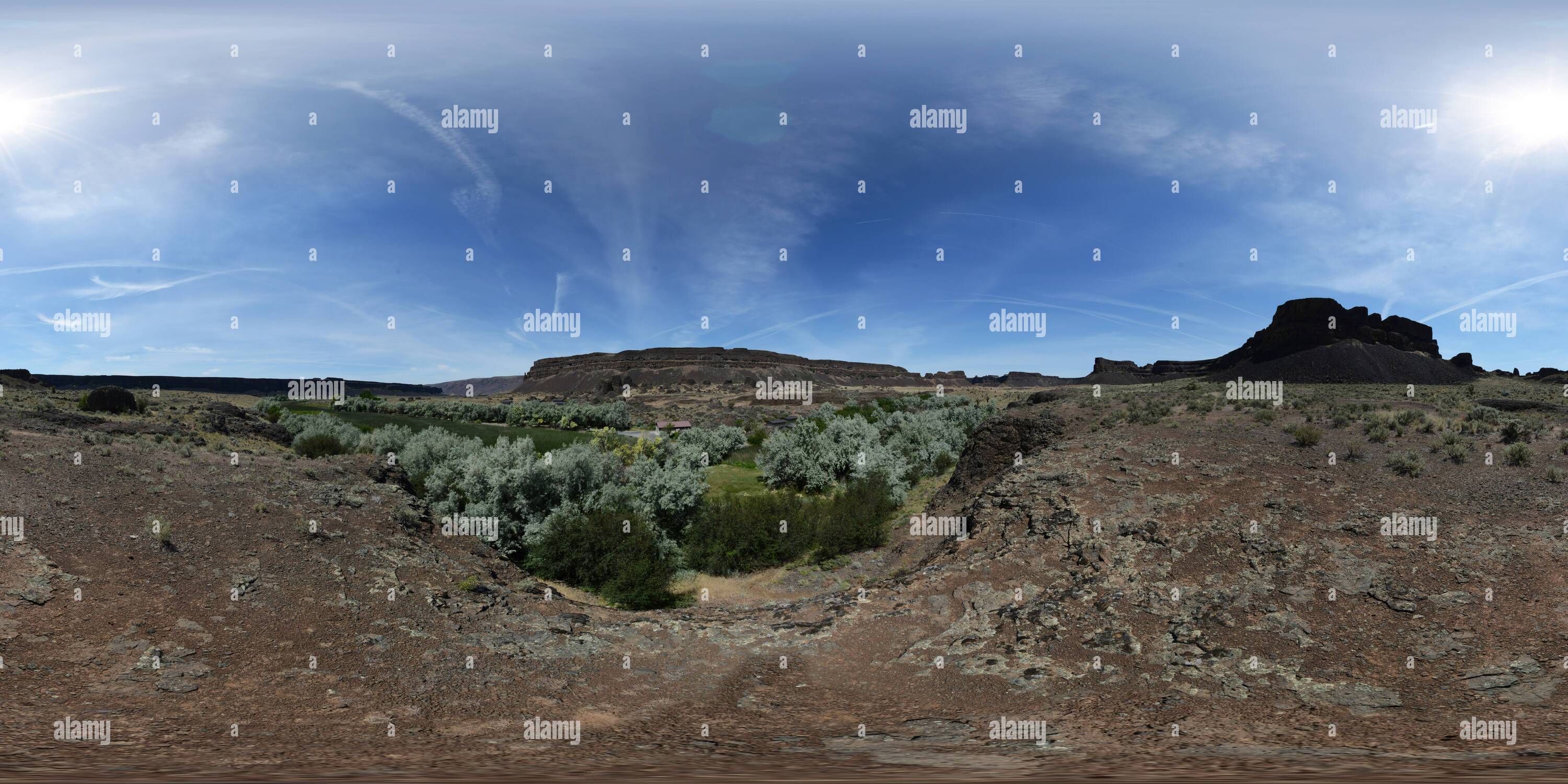 Vue panoramique à 360° de Delany Springs et Camp Delany - Bien Lakes-Dry Falls State Park, Washington State, USA