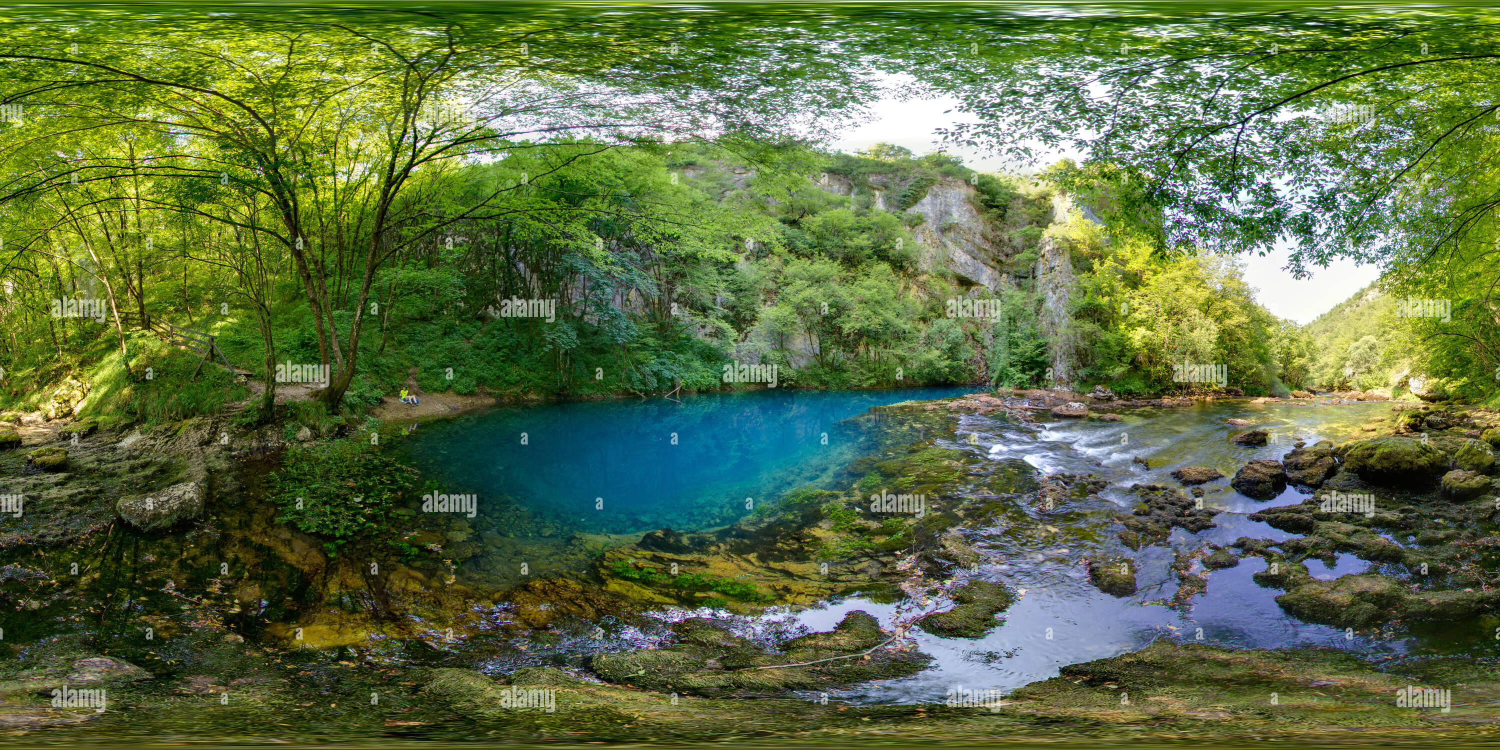 Vue panoramique à 360° de Source de la rivière Una, une rijeke Izvor