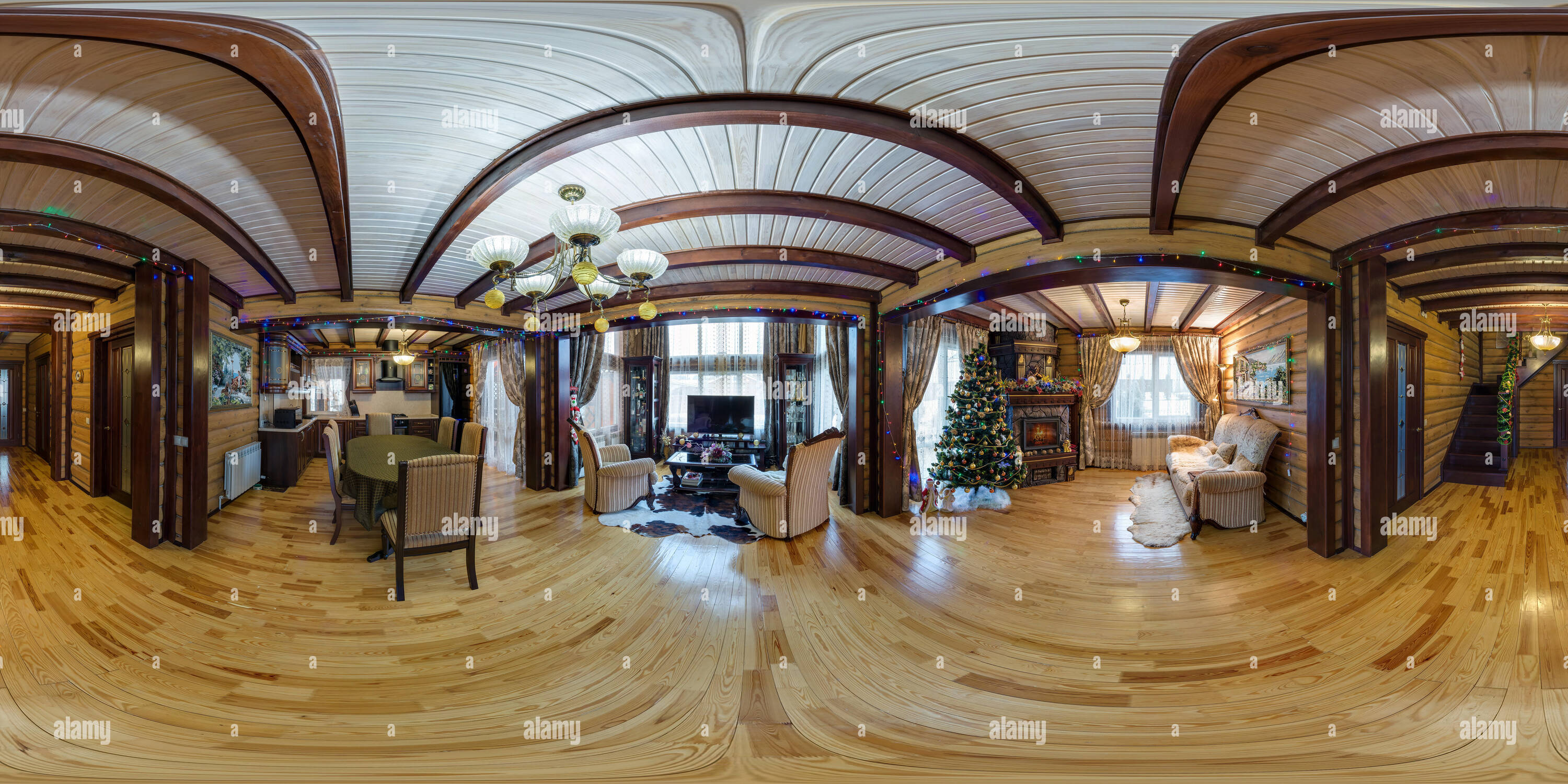 Vue panoramique à 360° de Minsk, Belarus - Décembre 2017 : panorama sphérique complet 360 degrés sans couture d'angle de vue de l'intérieur du hall rustique en bois maison equirec dans