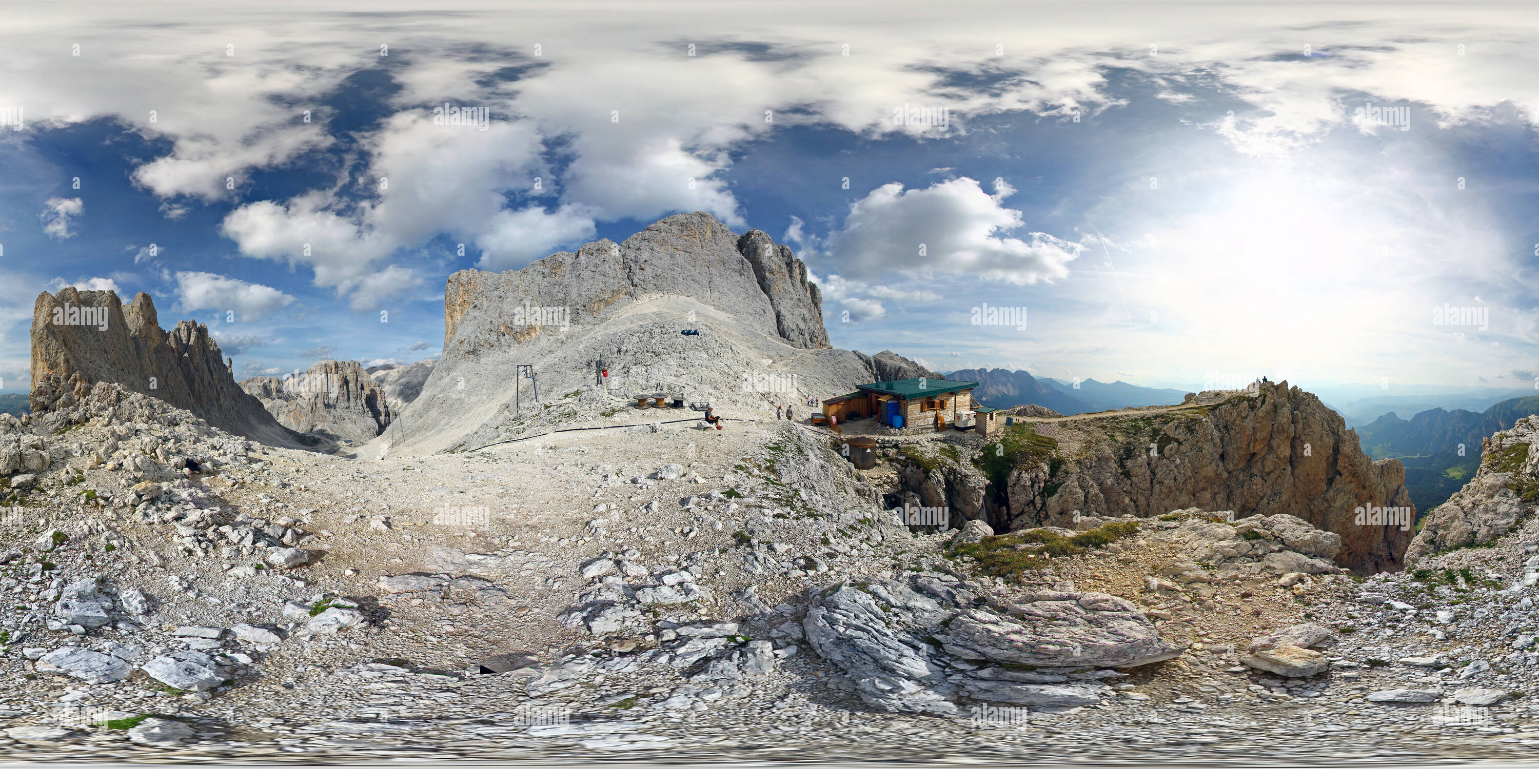Vue panoramique à 360° de Dolomites : Santnerpass Santnerpass, hut, Rosengarten, le 'Gartl'