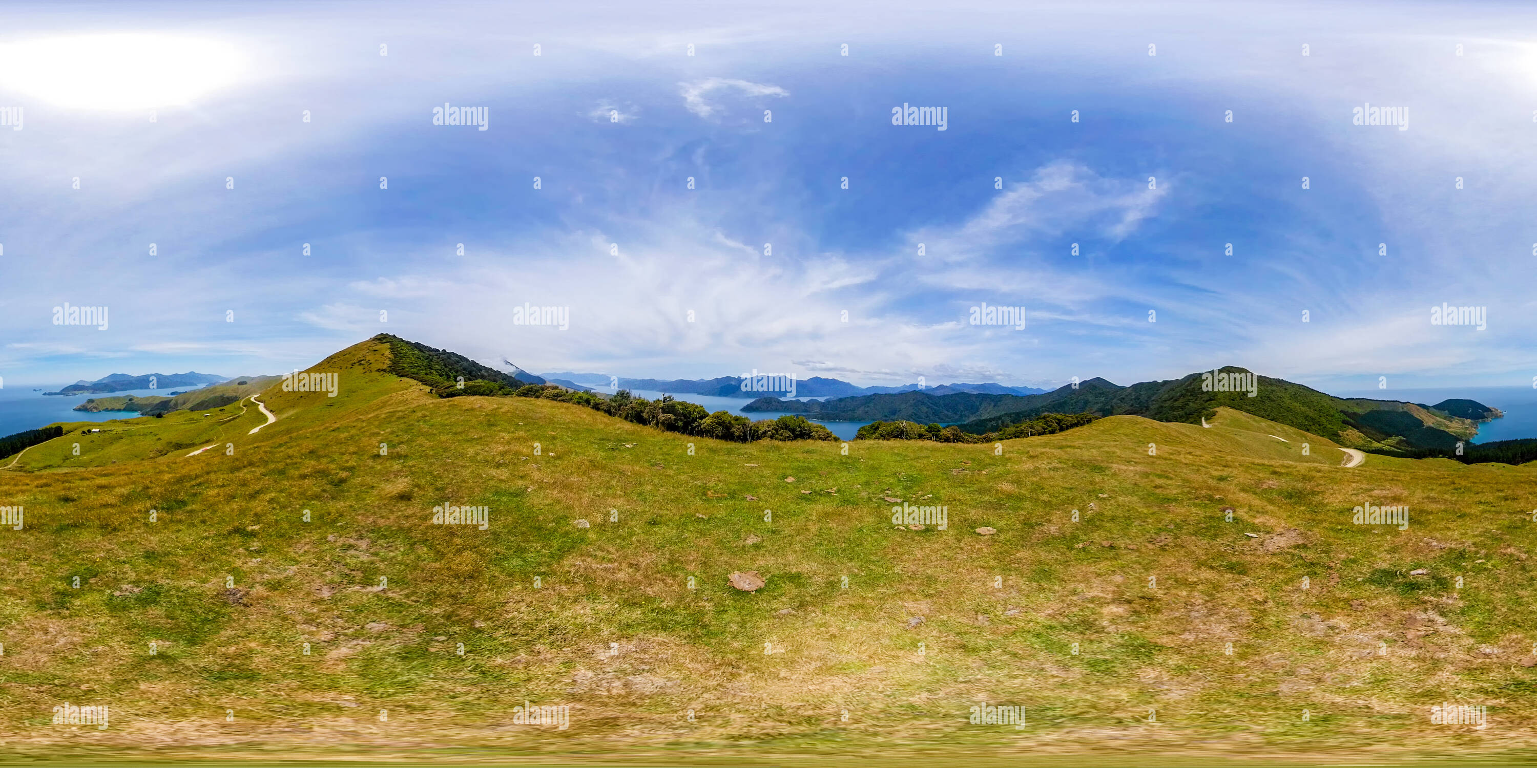 Visualizzazione panoramica a 360 gradi di Malborough Sounds, South Island, Nuova Zelanda.