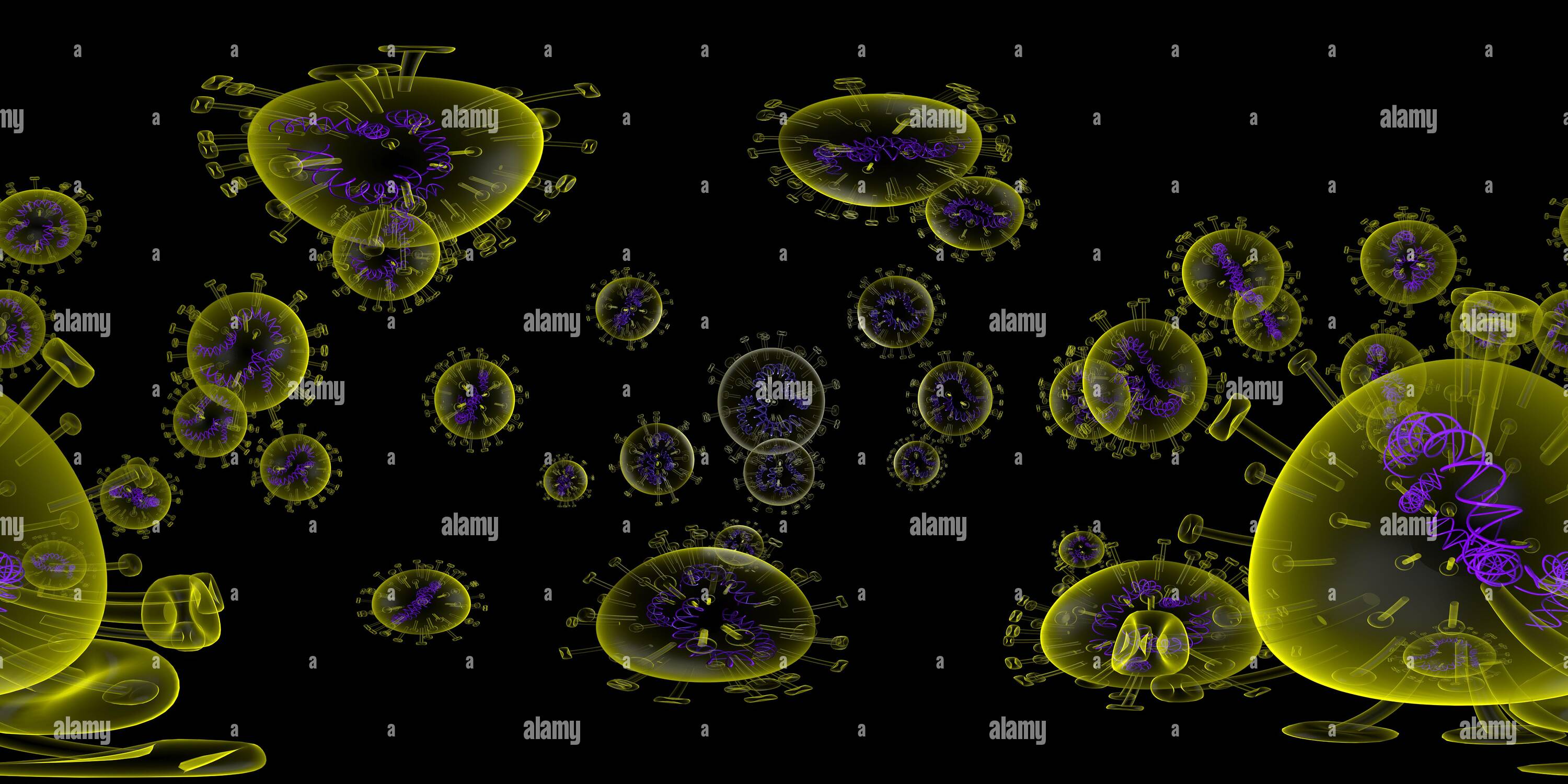 Visualizzazione panoramica a 360 gradi di Rendering 3d Microscope virus - primo piano batteri. Immagine equirettangolare 360 VR. Lo sfondo medico panoramico.