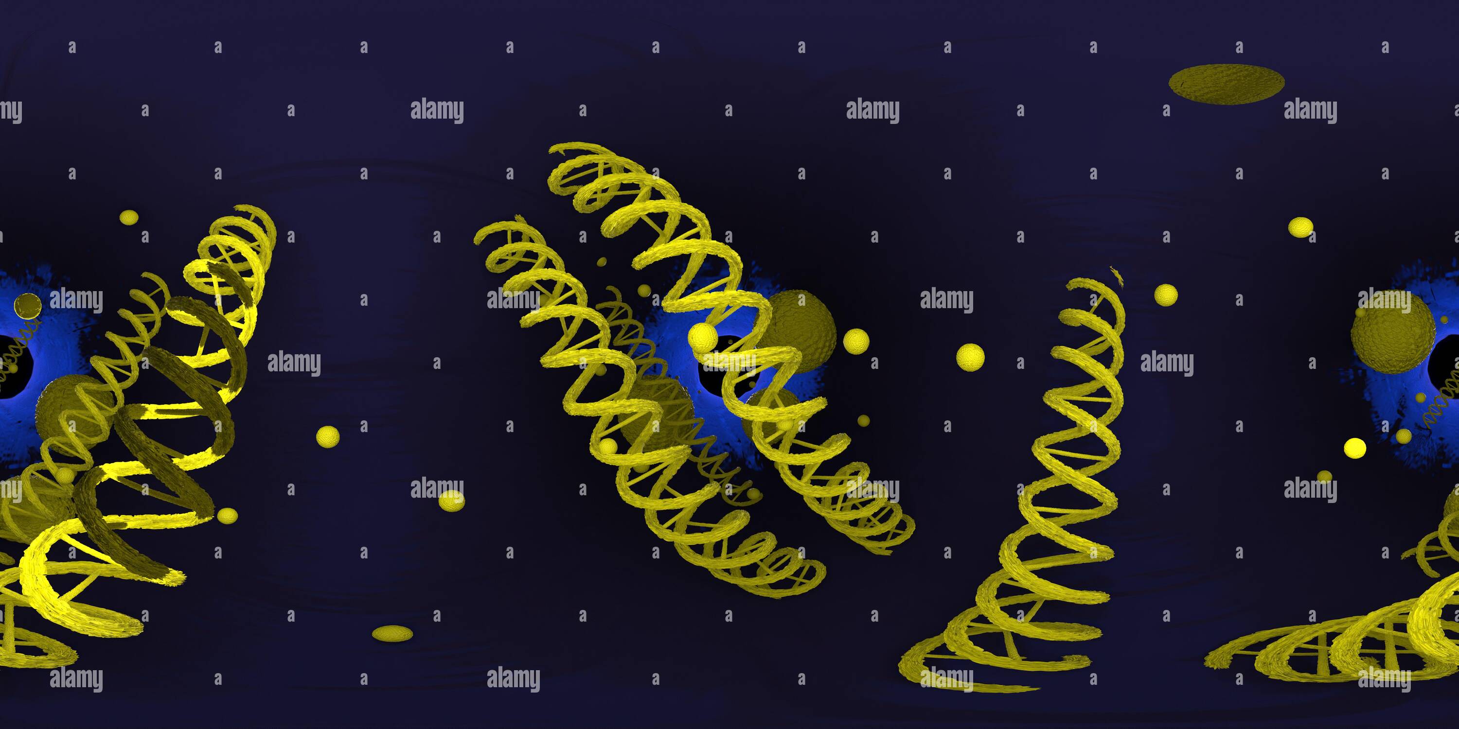 Visualizzazione panoramica a 360 gradi di Illustrazione 3d della struttura dell'acido desossiribonucleico del DNA. Immagine equirettangolare 360 VR. Lo sfondo medico panoramico.