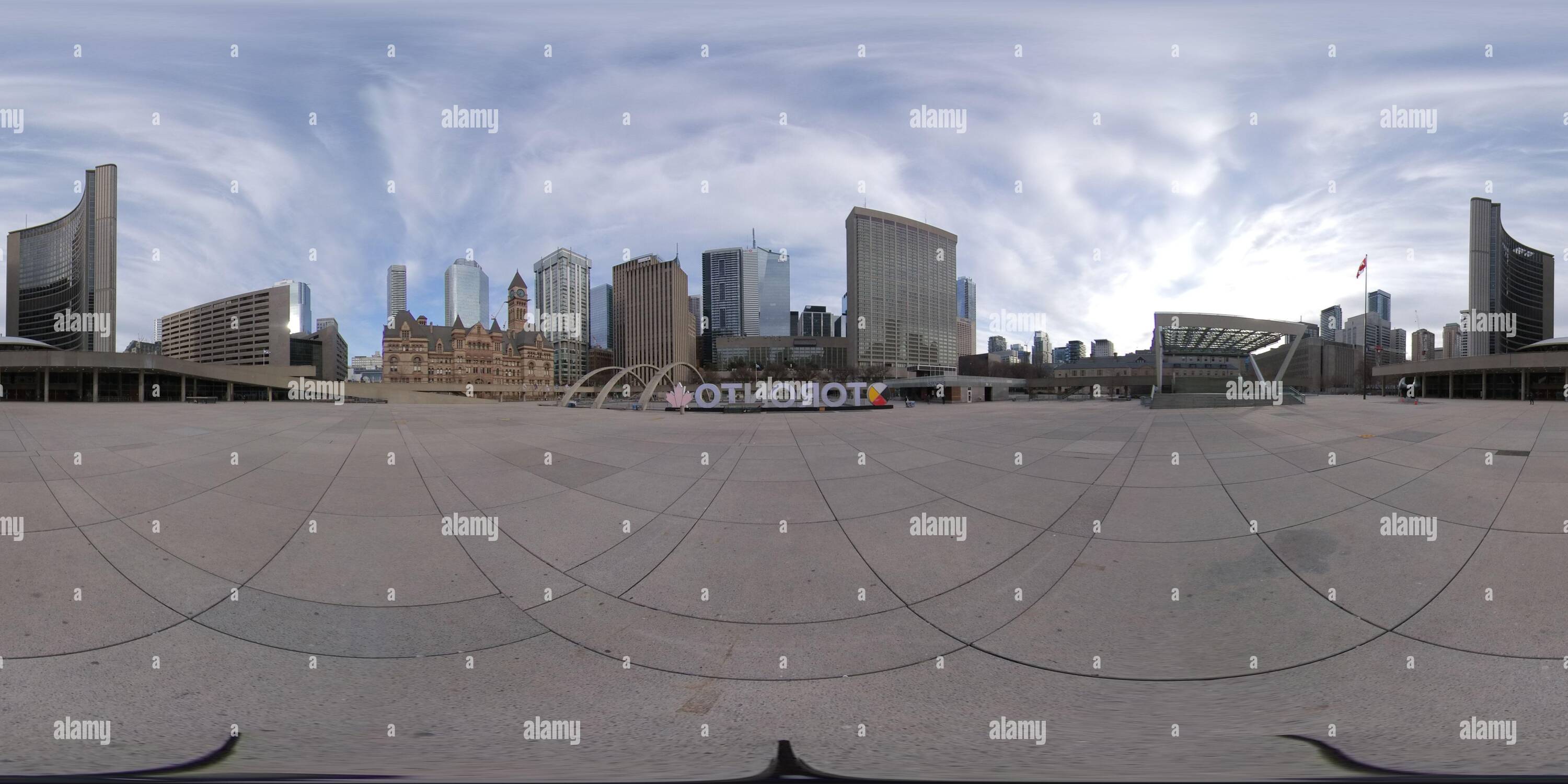 Visualizzazione panoramica a 360 gradi di 360 di una piazza vuota di Nathan Philips a Toronto durante il Covid-19