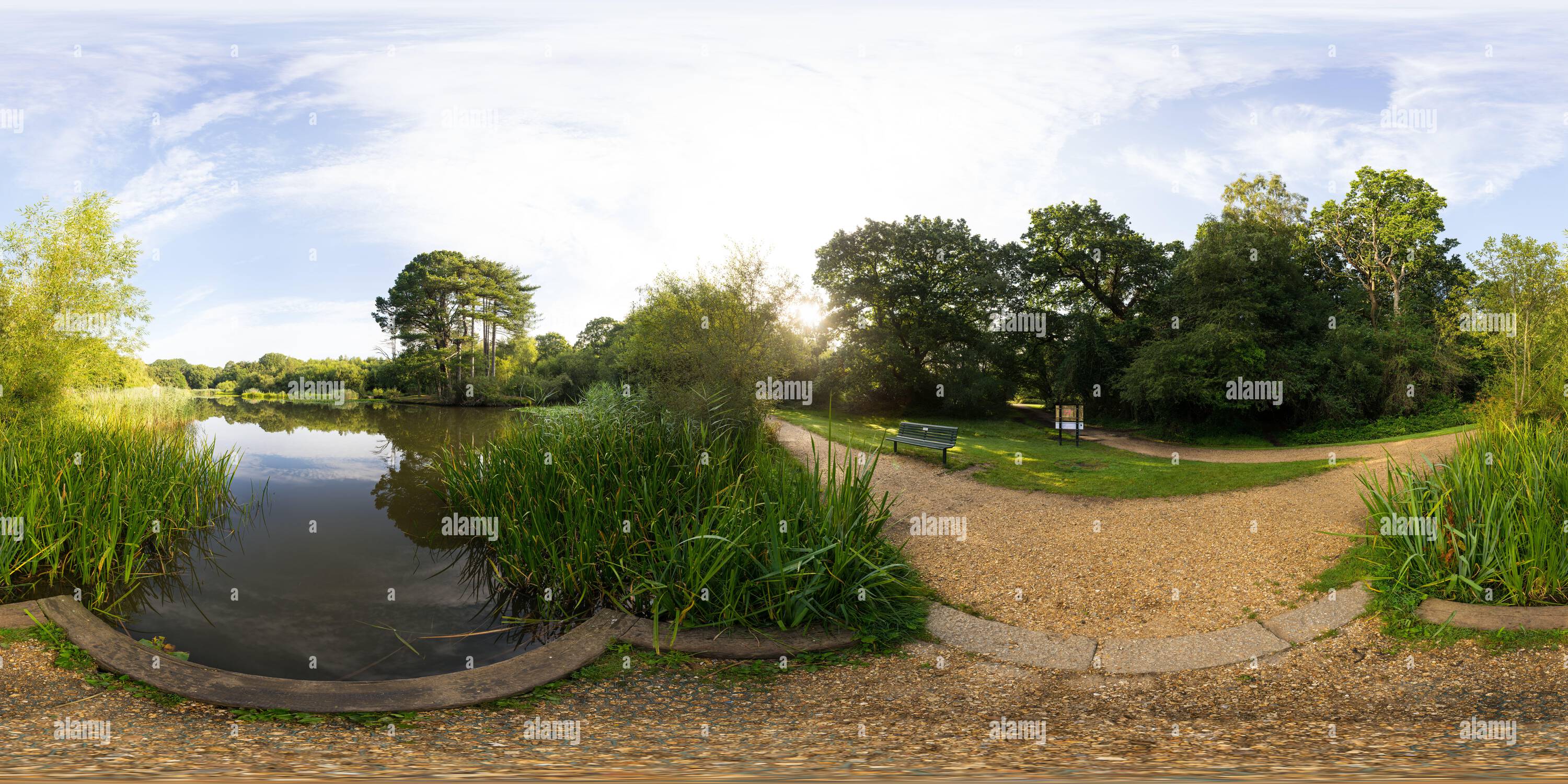 Visualizzazione panoramica a 360 gradi di Il Lago Ornamental sul Southampton Common. Southampton, Inghilterra.
