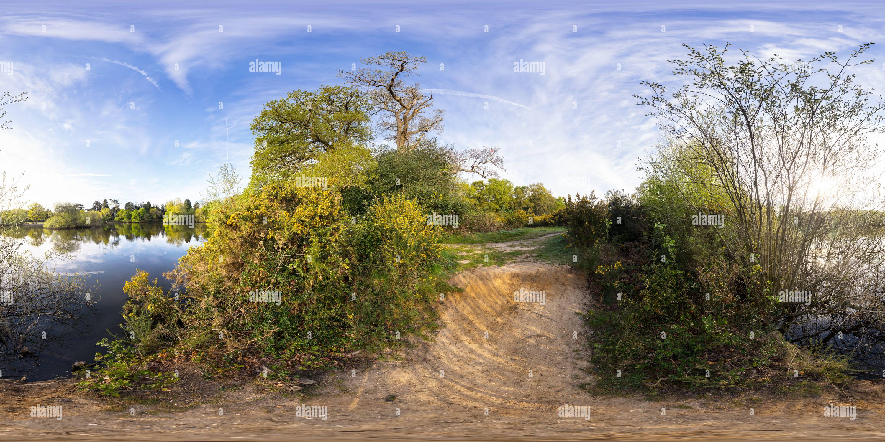 Visualizzazione panoramica a 360 gradi di Il Cemetery Lake a Southampton Common in primavera. Southampton, Inghilterra.