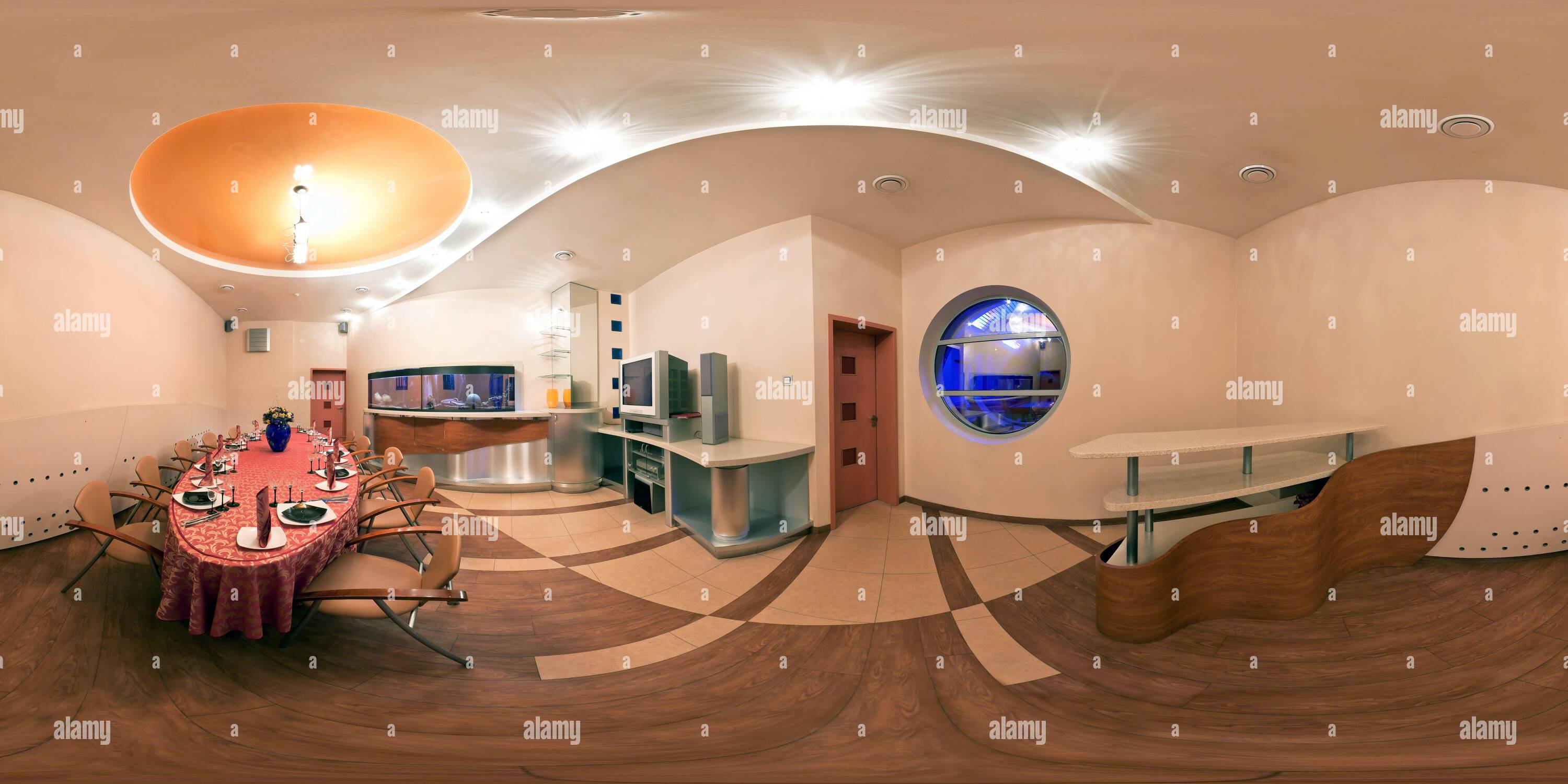 Visualizzazione panoramica a 360 gradi di panorama completo a 360 gradi in proiezione equirettangolare sferica equidistante. Panorama all'interno della sala banchetti, contenuti VR,