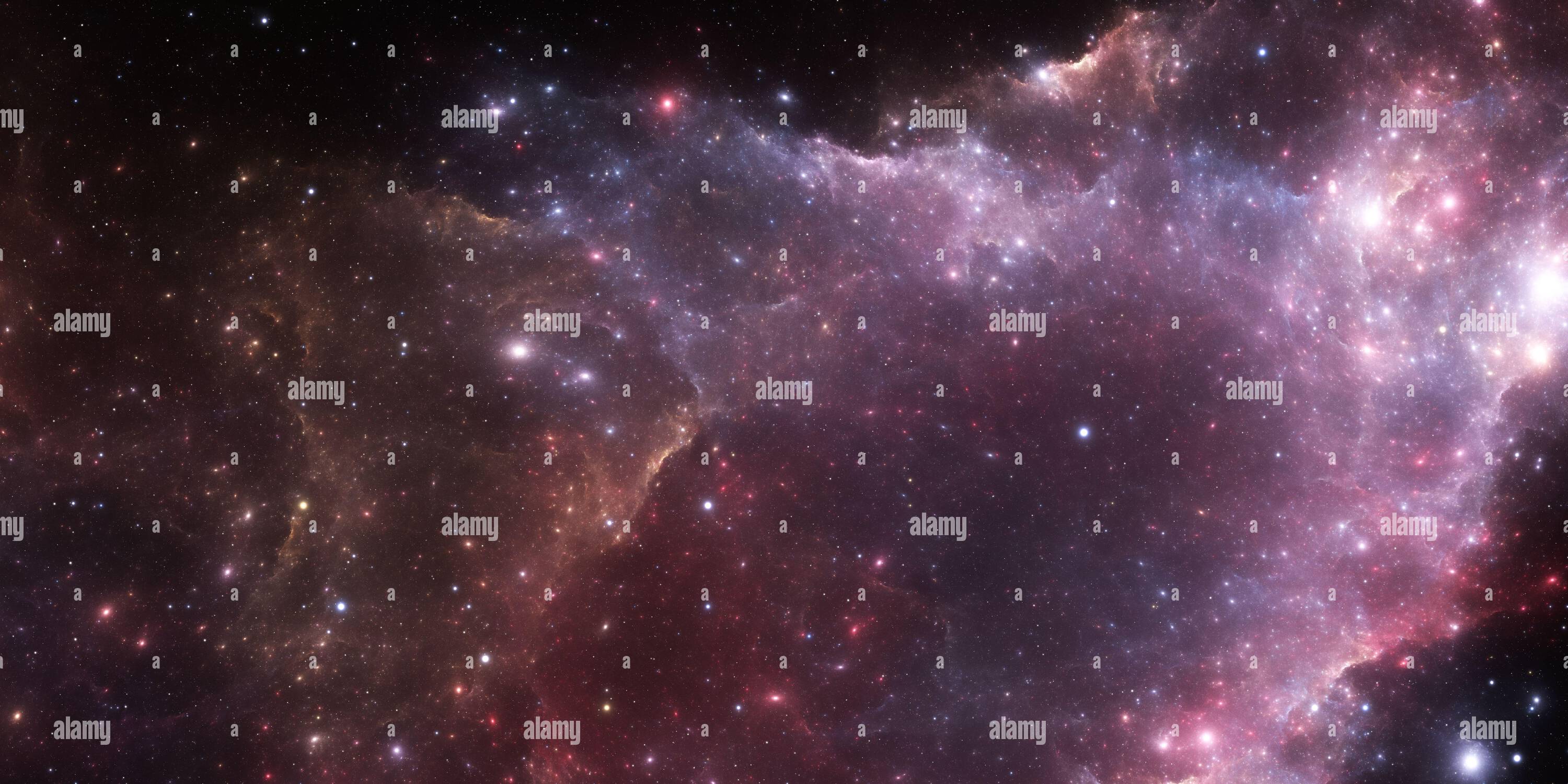 Visualizzazione panoramica a 360 gradi di Nebulosa per spazi profondi. Nuvola interstellare gigante con stelle. Illustrazione 3D