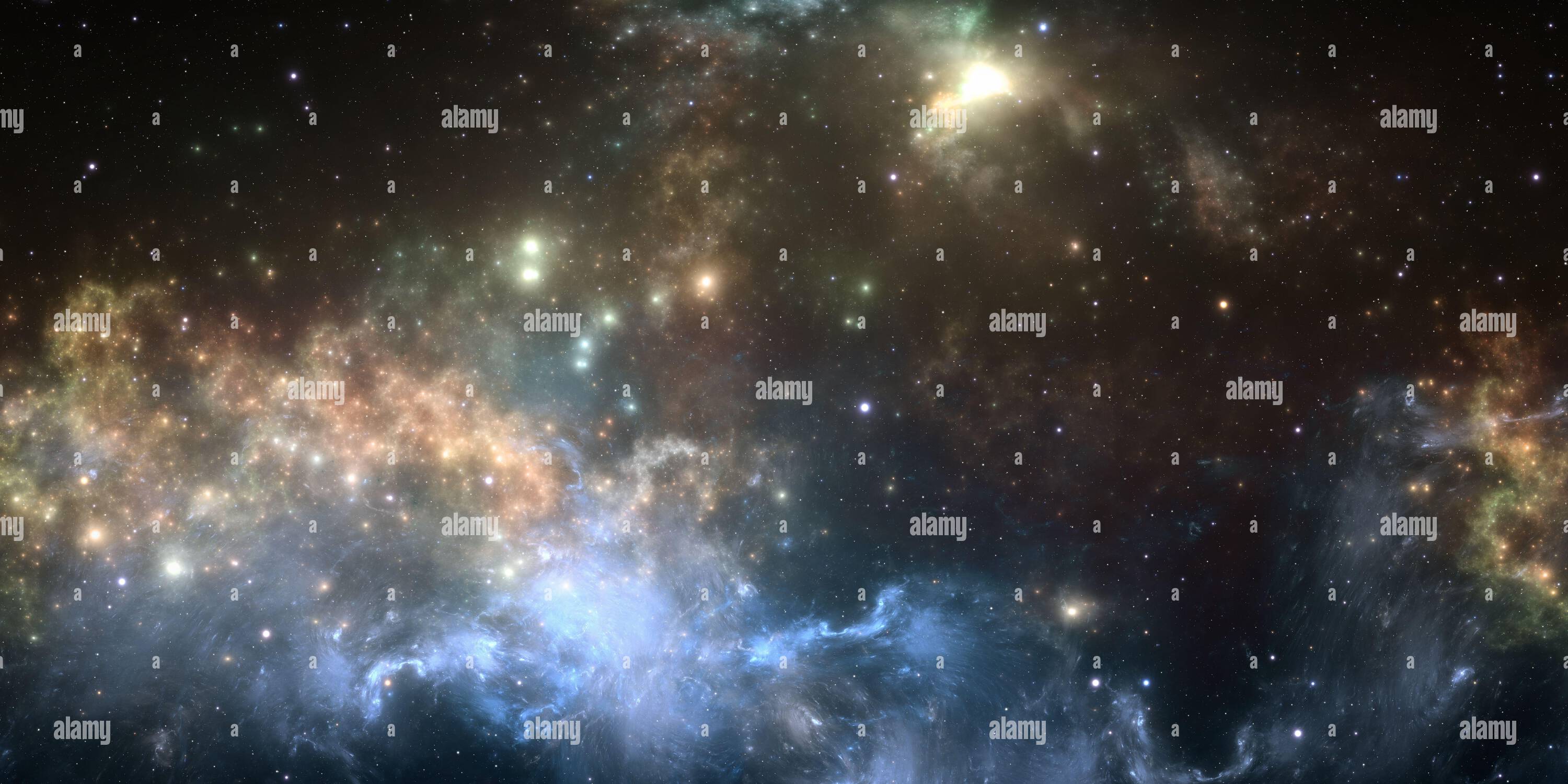 Visualizzazione panoramica a 360 gradi di Nebulosa per spazi profondi. Nuvola interstellare gigante con stelle. Illustrazione 3D
