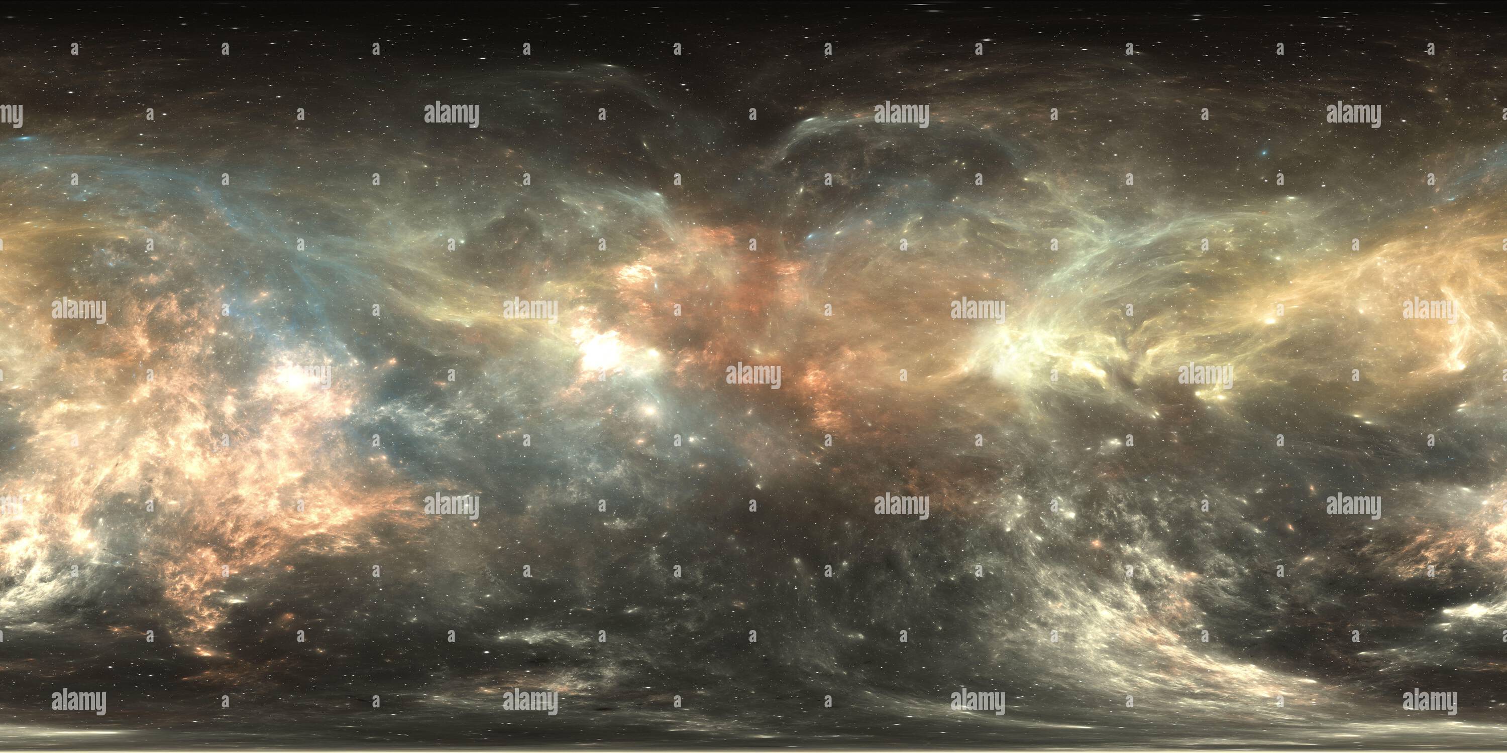 Visualizzazione panoramica a 360 gradi di Mappa HDRI 360 dell'ambiente di realtà virtuale. Proiezione equirettangolare spaziale, panorama sferico. Nebulosa spaziale con stelle. illustrazione 3d