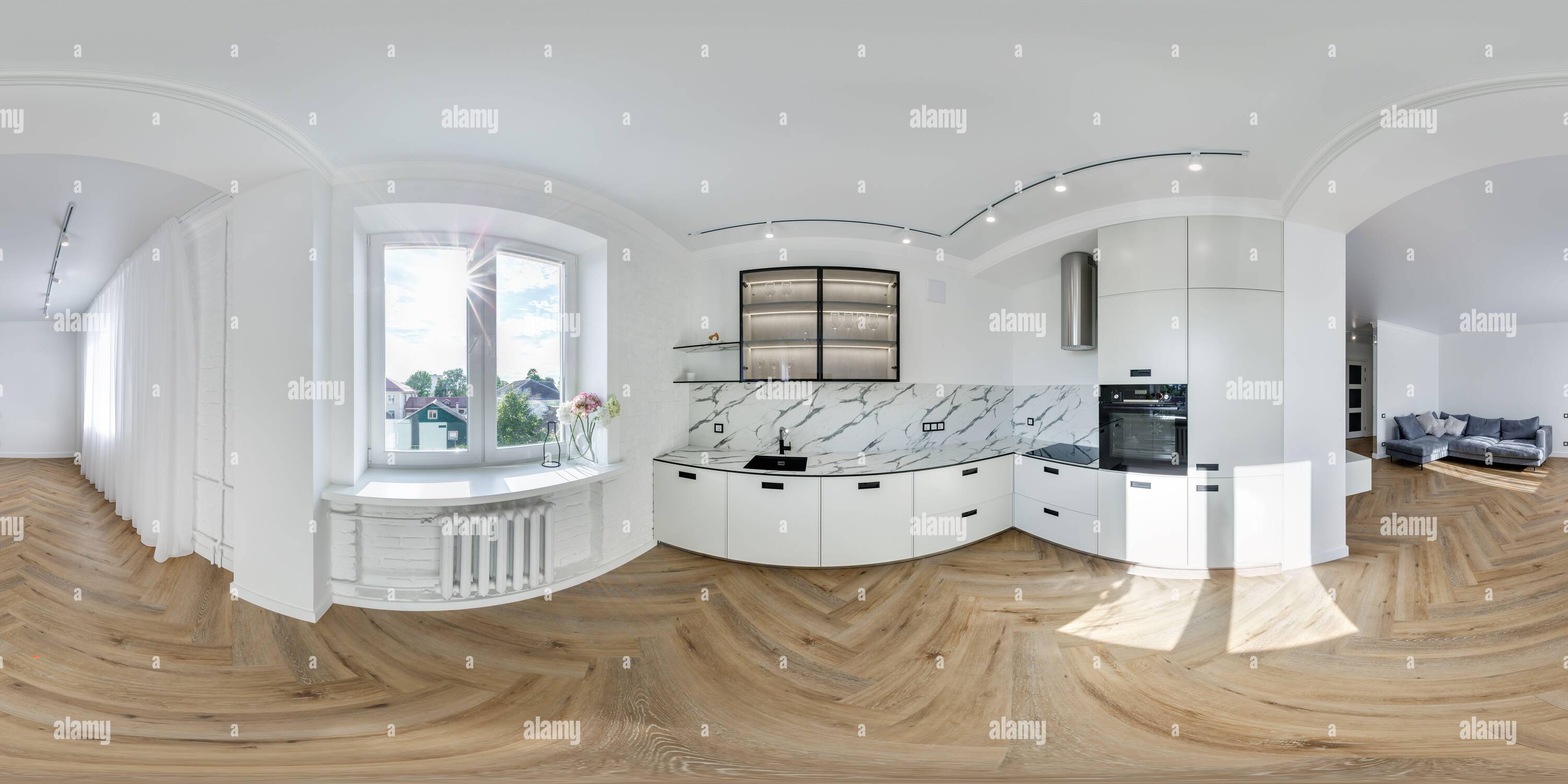 Visualizzazione panoramica a 360 gradi di completamente senza cuciture sferica hdri 360 vista panoramica in interni bianchi di moderna cucina di lusso in monolocali con armadio con illuminazione in dotazione