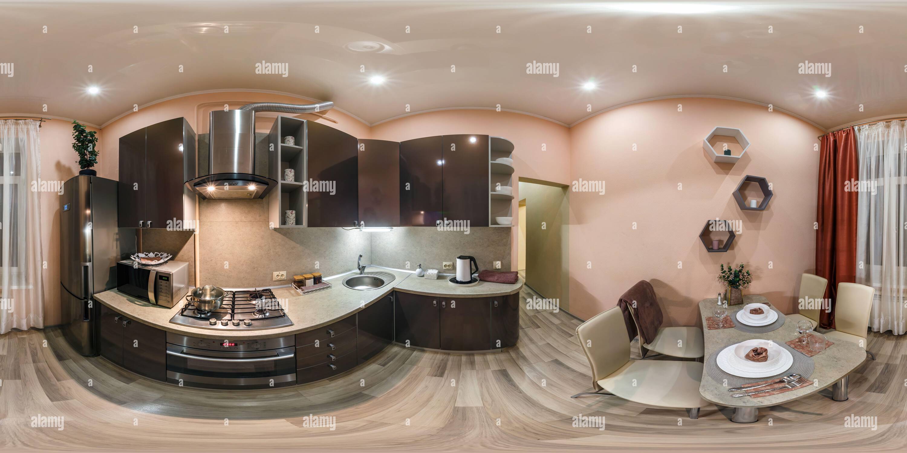 Visualizzazione panoramica a 360 gradi di Completamente senza cuciture sferica hdri 360 vista panoramica all'interno di piccola cucina in appartamenti moderni con mobili in proiezione equirettangolare, VR