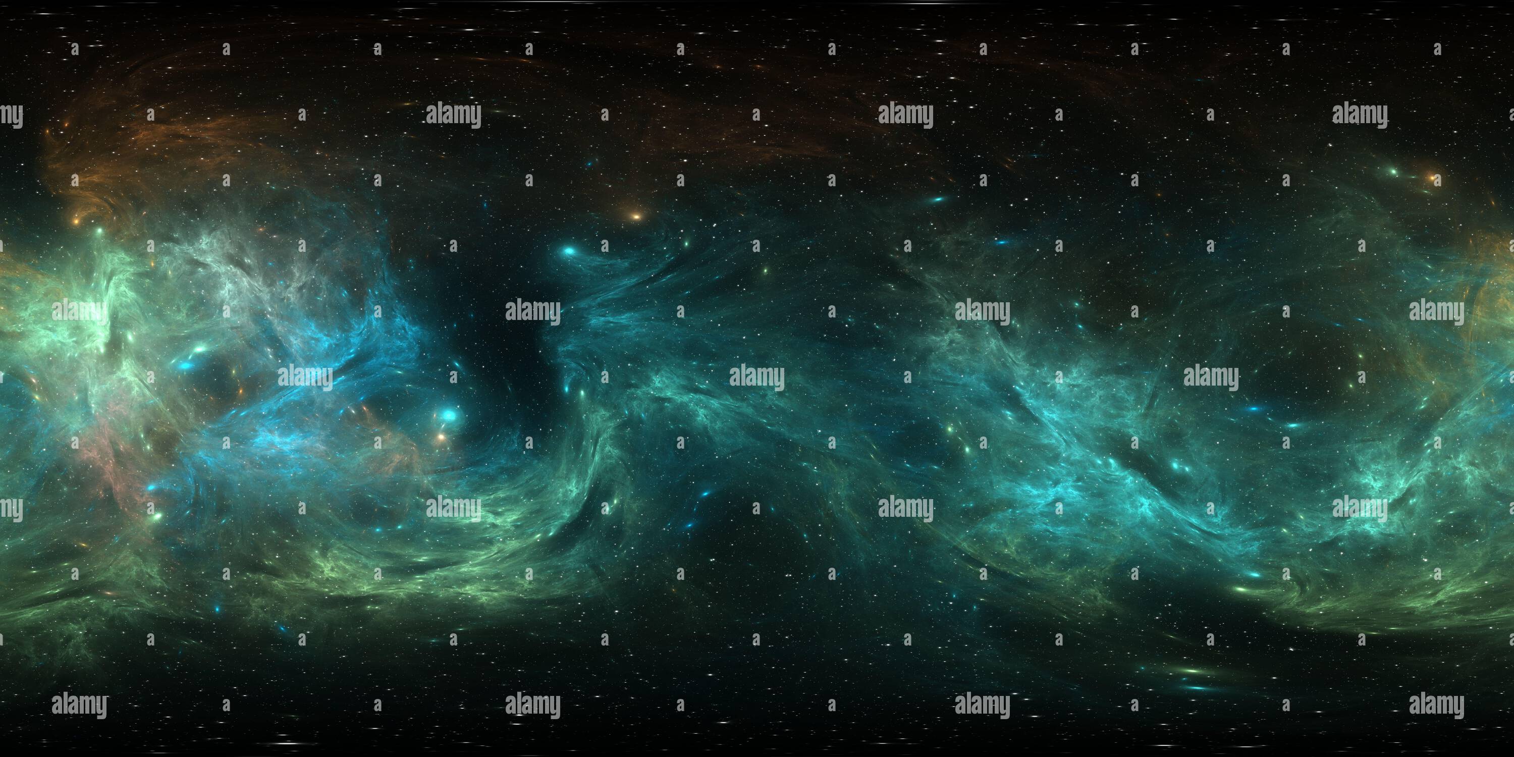 Visualizzazione panoramica a 360 gradi di nube interstellare a 360 gradi di polvere e gas. Sfondo dello spazio con nebulosa e stelle. Nebulosa incandescente, proiezione equirettangolare, mappa ambientale. HD