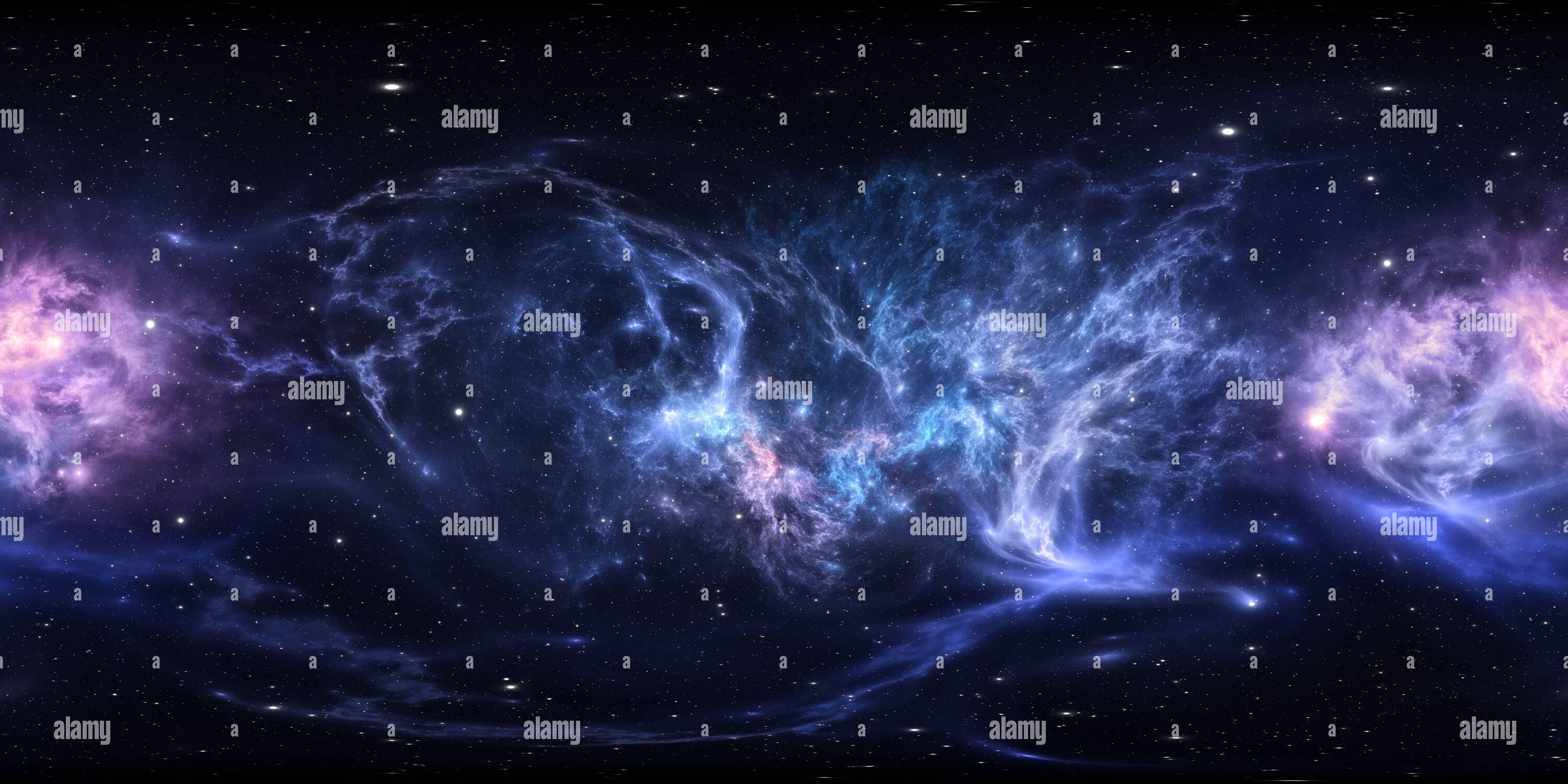 Visualizzazione panoramica a 360 gradi di nube interstellare a 360 gradi di polvere e gas. Sfondo dello spazio con nebulosa e stelle. Nebulosa incandescente, proiezione equirettangolare, mappa ambientale. HD