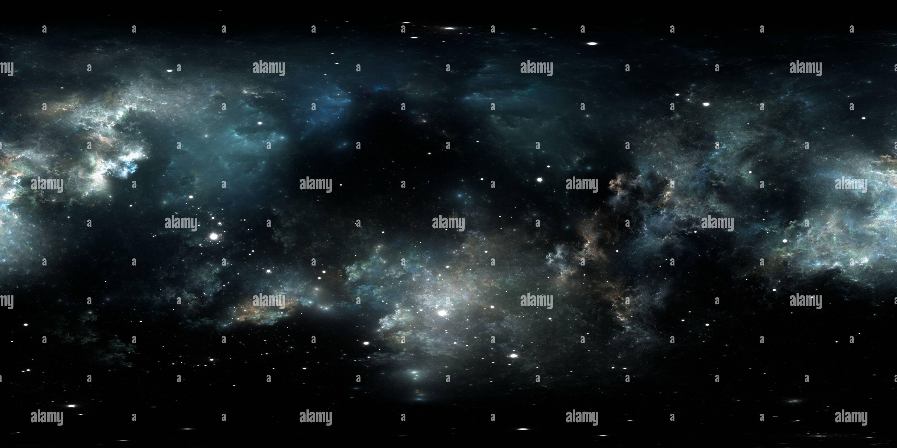 Visualizzazione panoramica a 360 gradi di nube interstellare a 360 gradi di polvere e gas. Sfondo dello spazio con nebulosa e stelle. Nebulosa incandescente, proiezione equirettangolare, mappa ambientale. HD