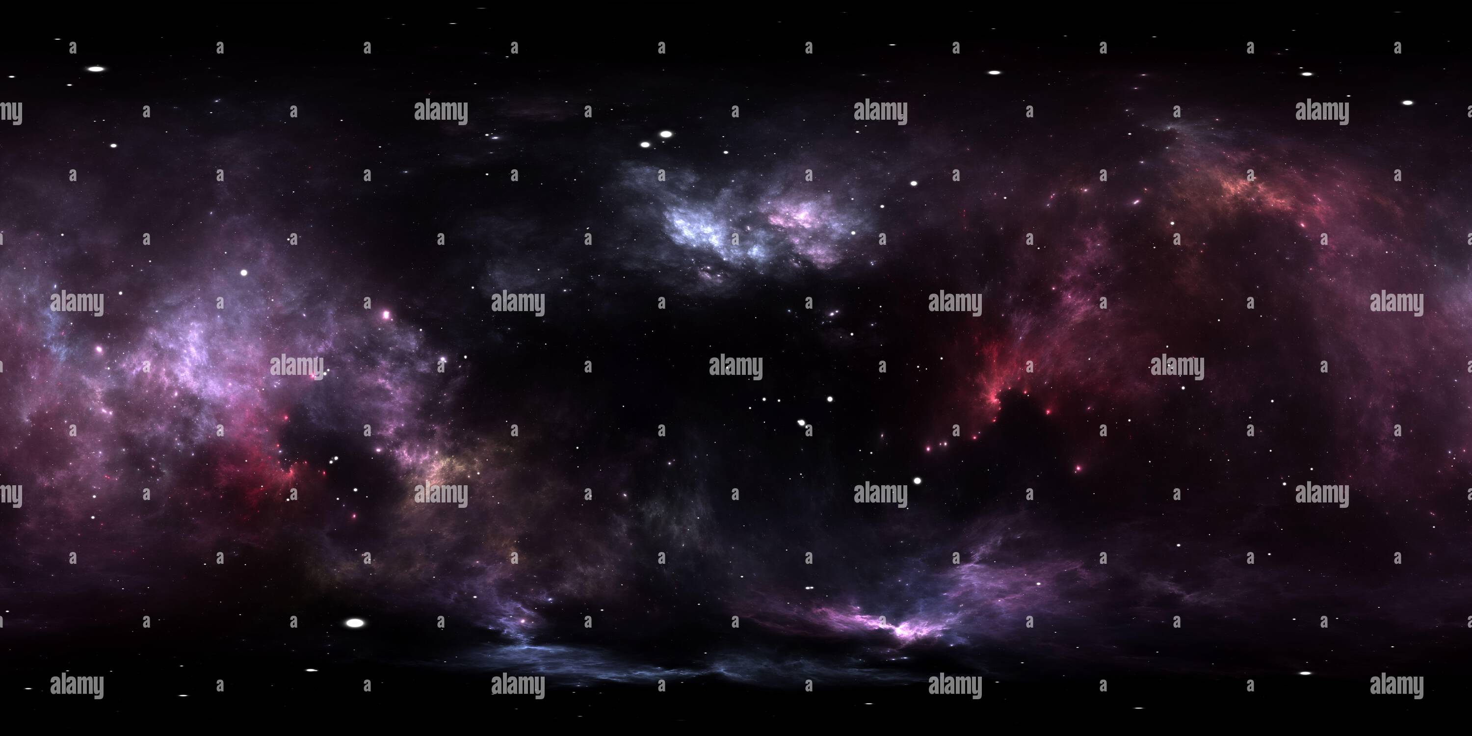Visualizzazione panoramica a 360 gradi di nube interstellare a 360 gradi di polvere e gas. Sfondo dello spazio con nebulosa e stelle. Nebulosa incandescente, proiezione equirettangolare, mappa ambientale. HD