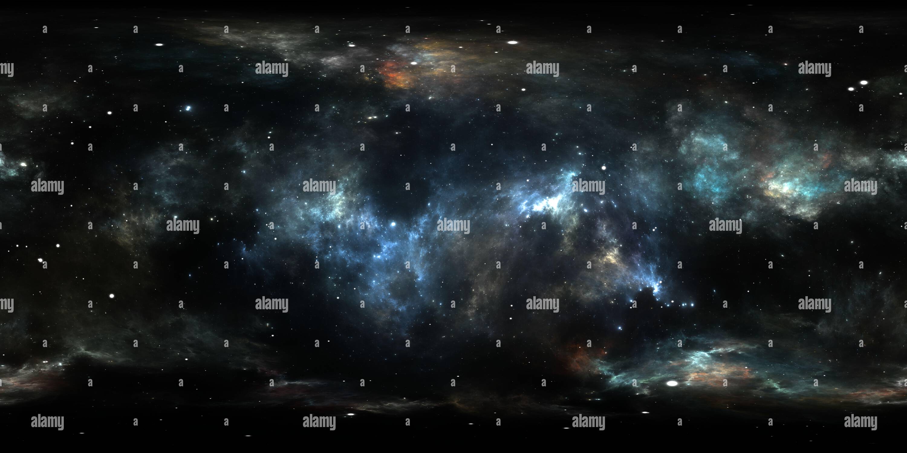 Visualizzazione panoramica a 360 gradi di nube interstellare a 360 gradi di polvere e gas. Sfondo dello spazio con nebulosa e stelle. Nebulosa incandescente, proiezione equirettangolare, mappa ambientale. HD