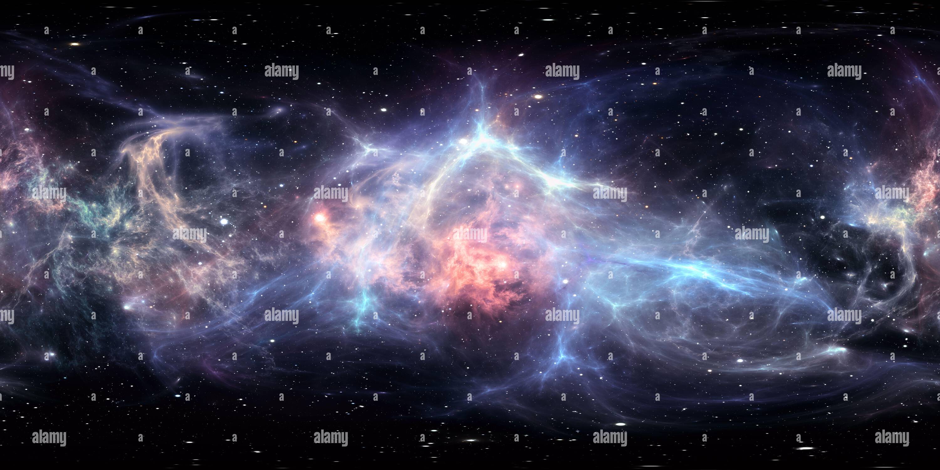Visualizzazione panoramica a 360 gradi di nube interstellare a 360 gradi di polvere e gas. Sfondo dello spazio con nebulosa e stelle. Nebulosa incandescente, proiezione equirettangolare, mappa ambientale. HD