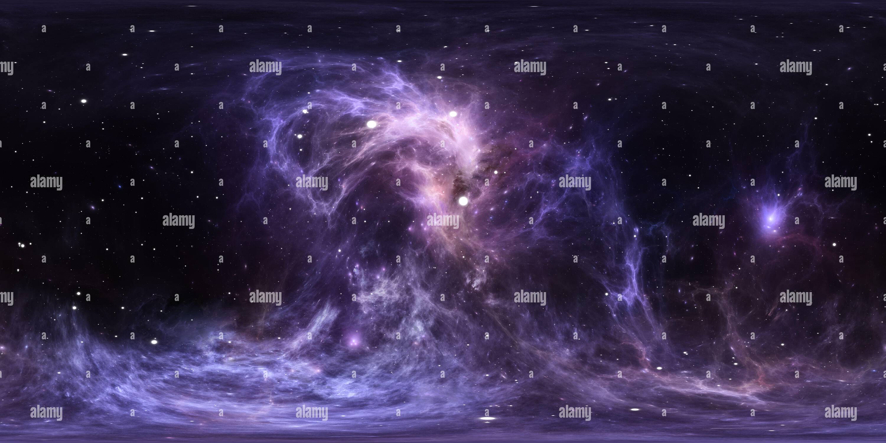 Visualizzazione panoramica a 360 gradi di panoramica nebulosa spaziale a 360 gradi, proiezione equirettangolare, mappa ambientale. Panorama sferico HDRI. Sfondo spaziale con nebulosa e stelle. 3d ill