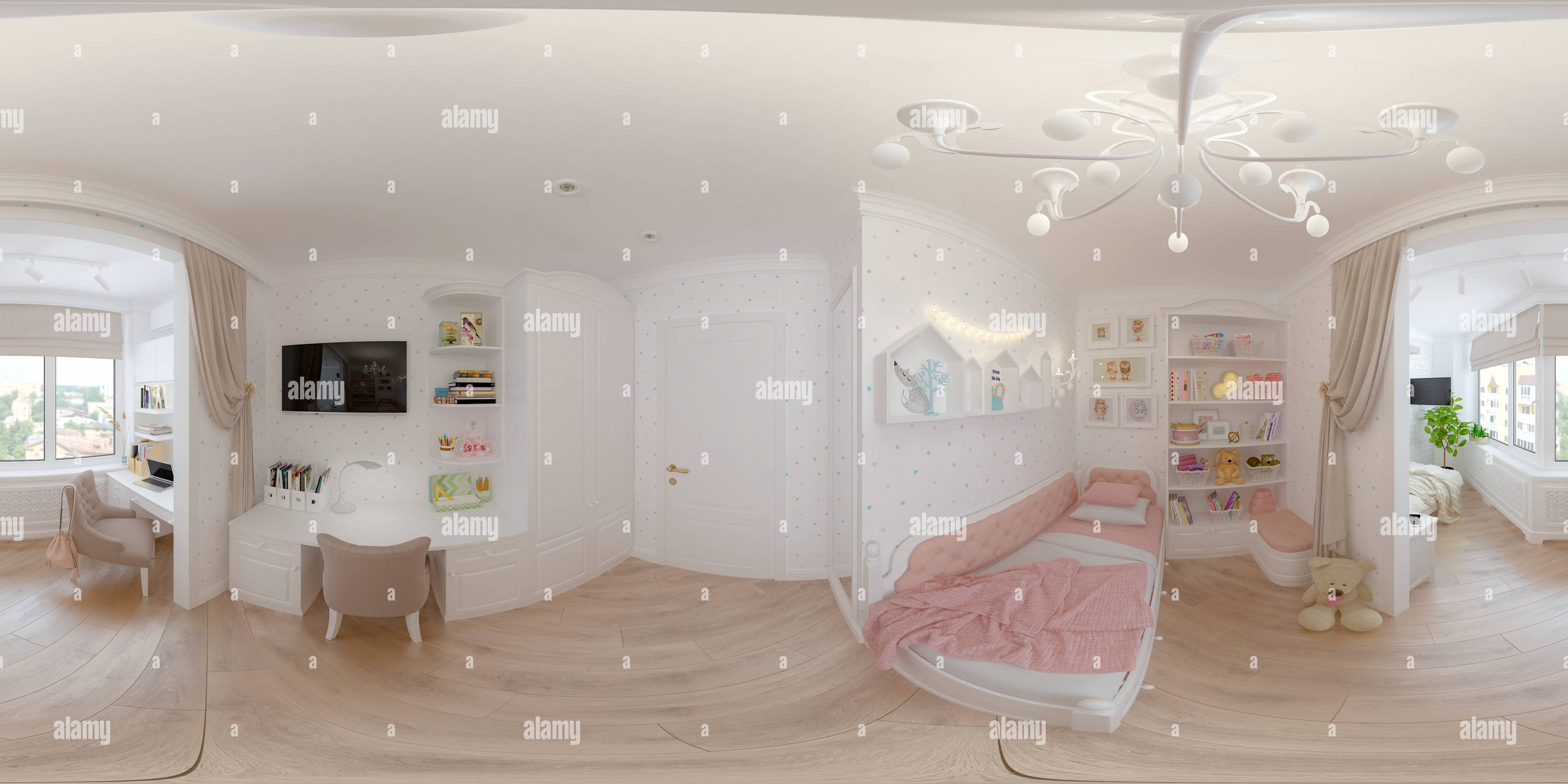 Visualizzazione panoramica a 360 gradi di Rendering 3d di una camera da letto per bambini con giocattoli, in Ucraina