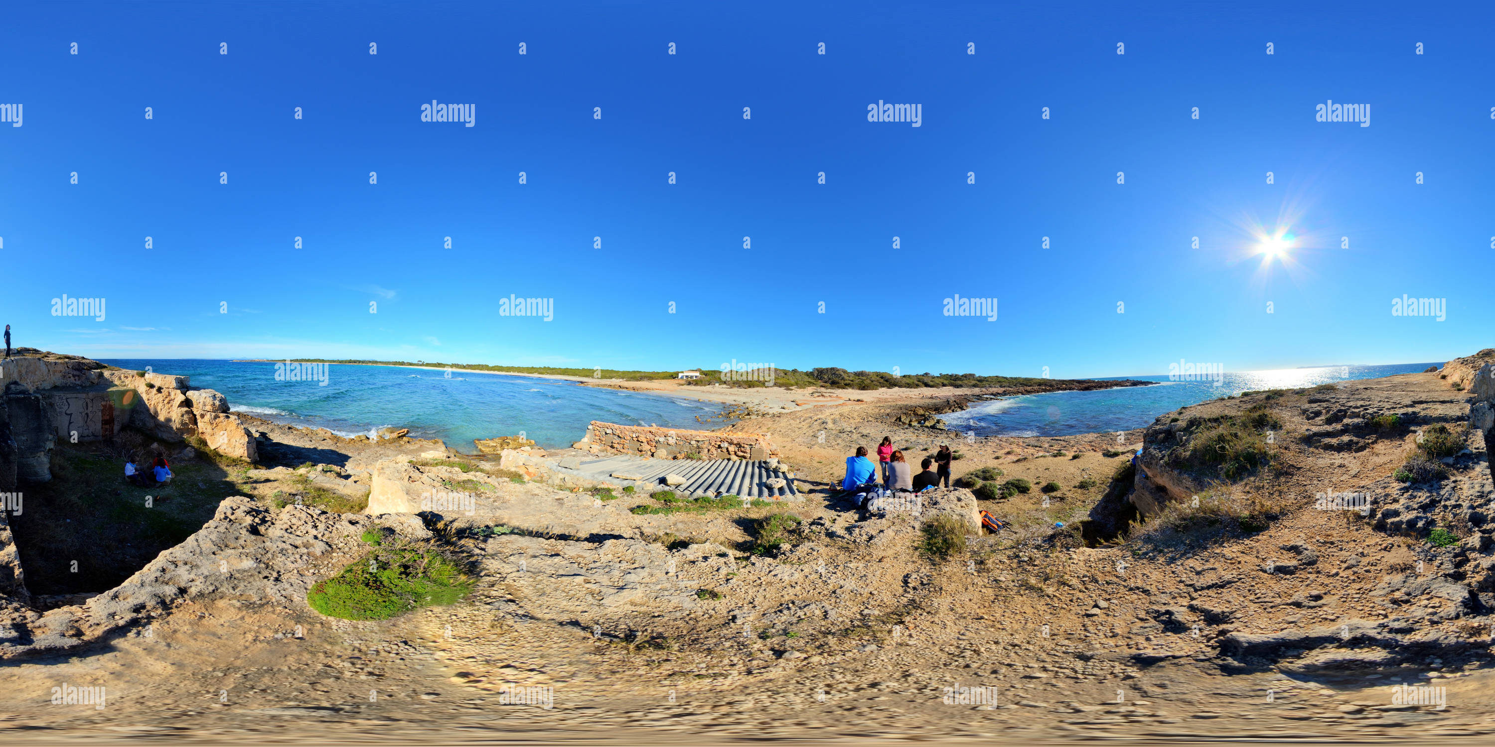 Visualizzazione panoramica a 360 gradi di Sa Punta Negra e spiaggia es Caragol, Ses Salines, Maiorca