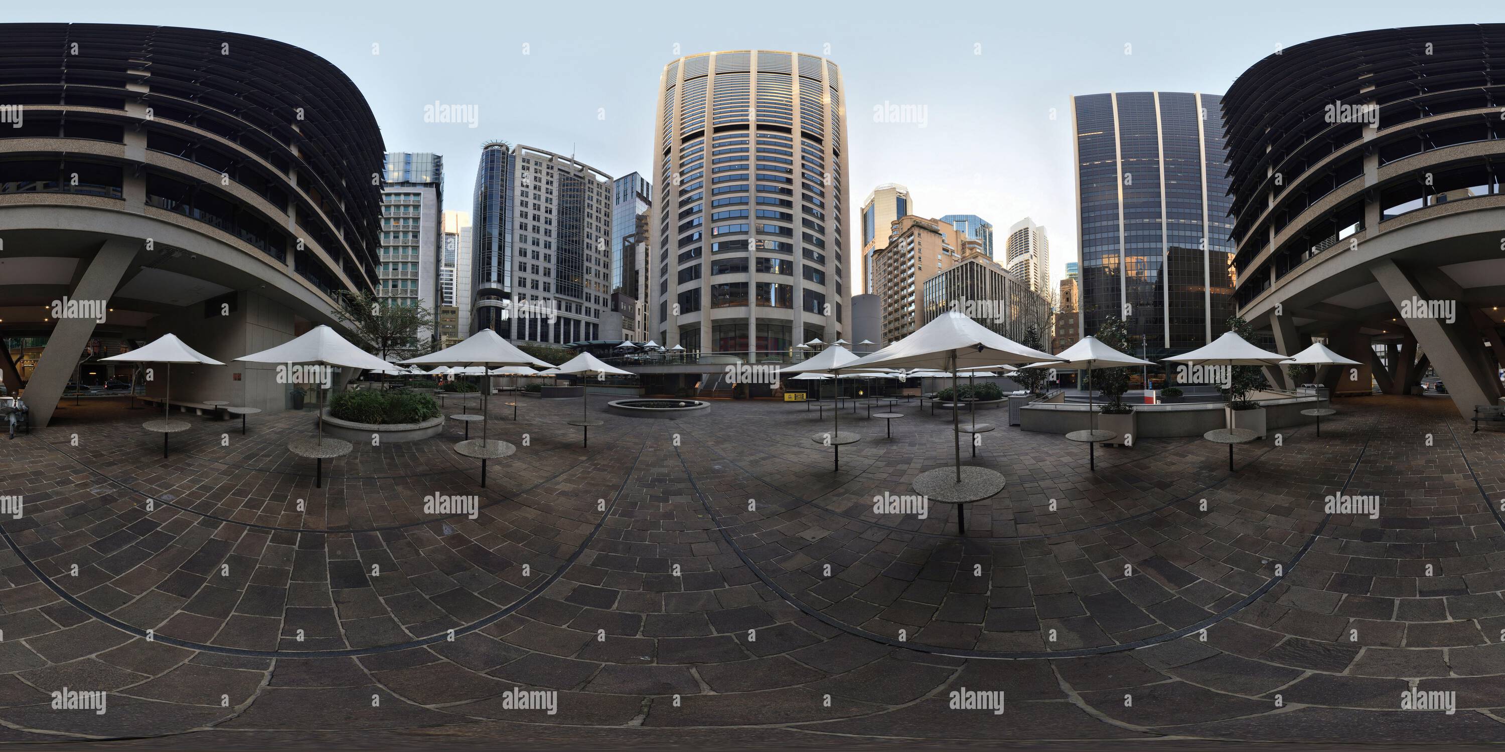 Visualizzazione panoramica a 360 gradi di Australia Square Tower Sydney e Plaza Building a 13 piani, moderna architettura dei grattacieli di Harry Seidler & Associates