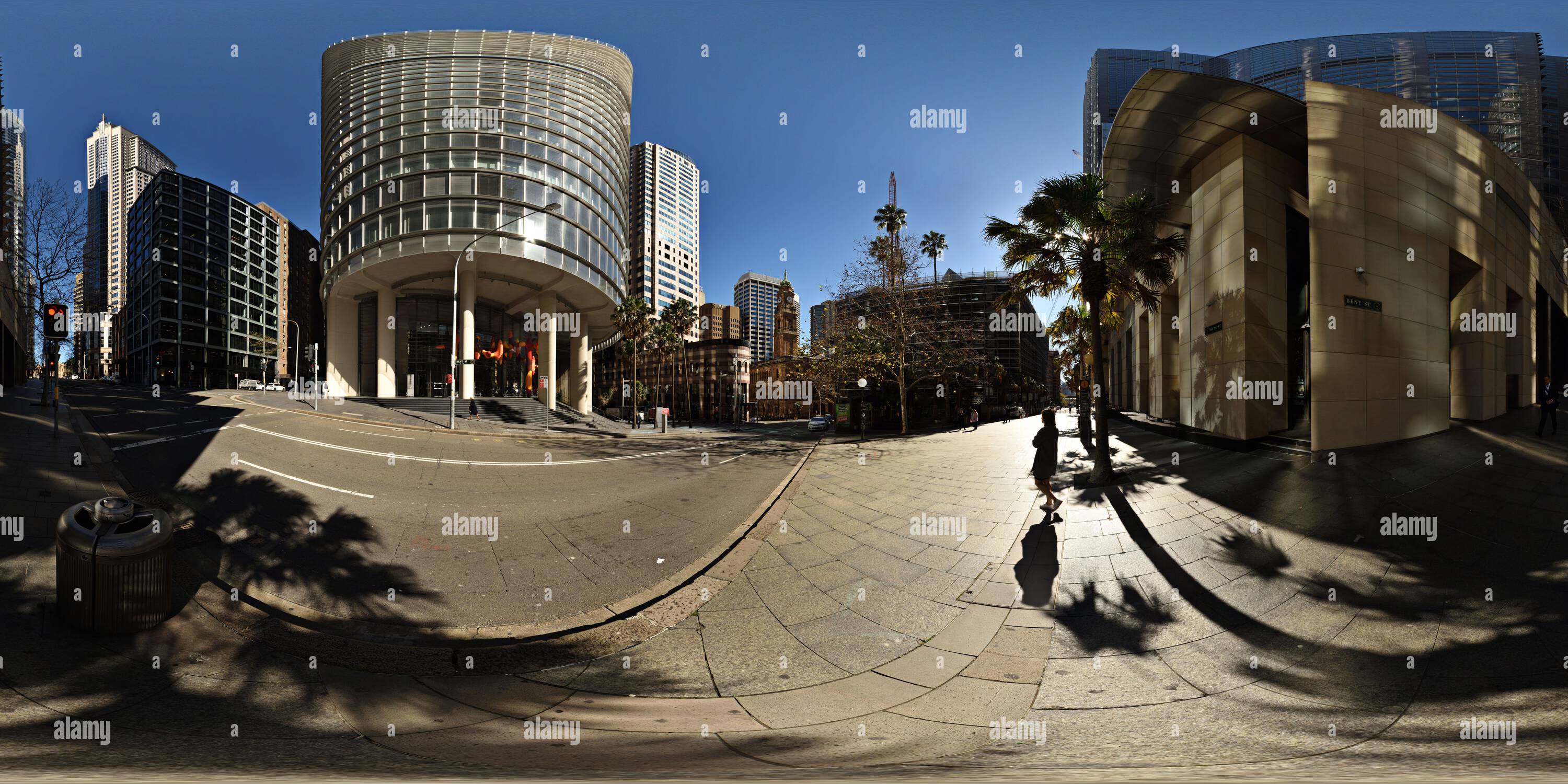 Visualizzazione panoramica a 360 gradi di Quartiere finanziario del CBD di Sydney, 1 Bligh Street, Farrer Place, Governor Phillip Tower, edificio del Dipartimento delle Terre, da Bent St, Australia